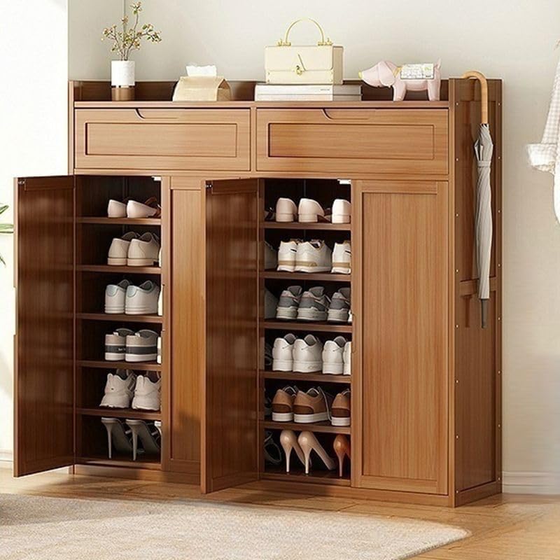 CraftThink Wood Shoe Storage Cabinet with 8 Tiers, Shoe Storage Rack Closed Back, Free Standing Shoes Rack for Living Room Entryway (Wood Door & Drawer, Nut-Brown, 48" L x 13" W x 45" H)