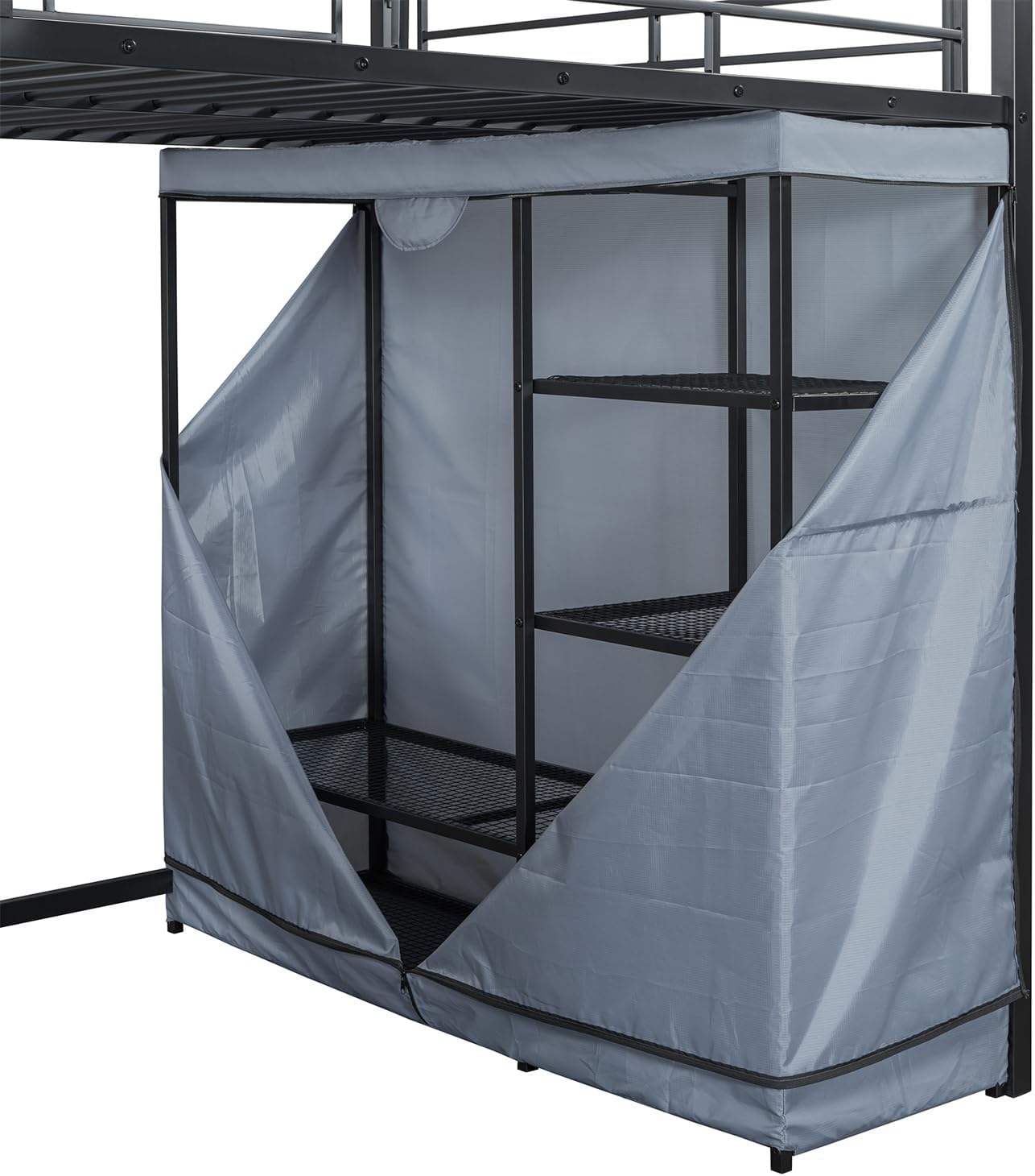 Miftuħa view of the fabric tent storage area with shelves inside