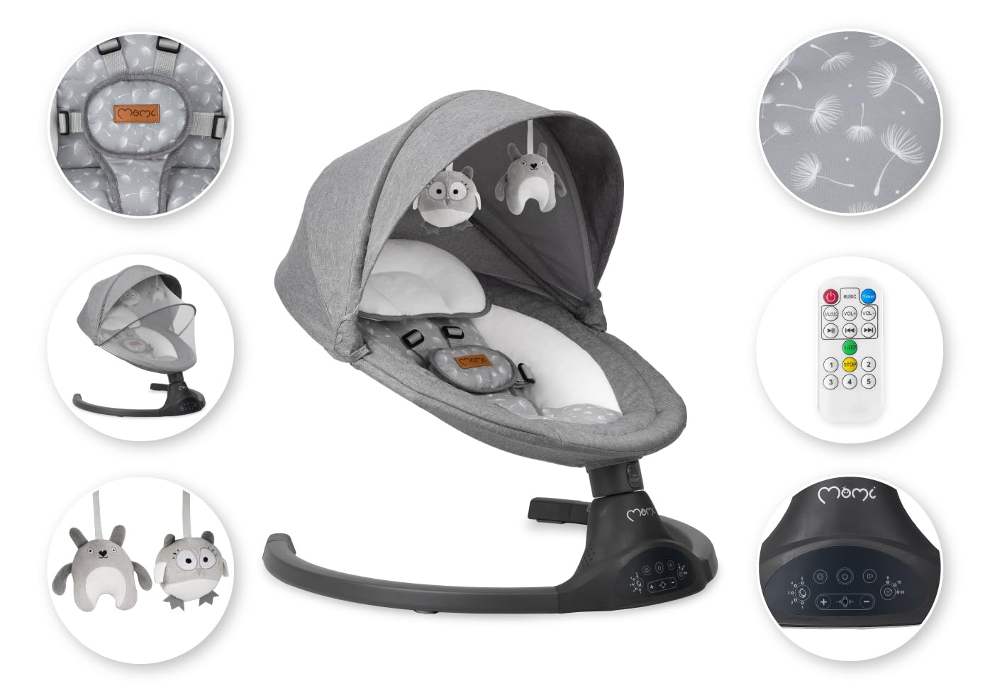 MoMi KENANI Mecedora para Niños hasta 9 kg, Plegable, con Mando a Distancia y Bluetooth, Funciona con Pilas/Electricidad, Arnés 5 Puntos, Visera Solar