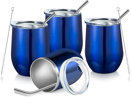 Miniatura 9 de COMOOO Vaso de vino de 12 onzas con tapa y popote, copa de vino de acero inoxidable, copa de vino de doble pared aislada al vacío para vino, Blanco