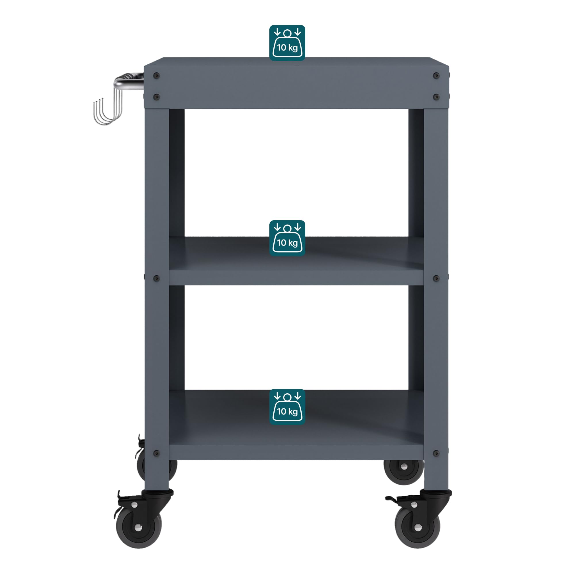 casa.pro Carrello Portavivande da Giardino in Acciaio con 3 Ripiani e Ruote Carrello Portatutto Da Cucina Servizio Portata a Rotelle 81x50x50 cm - Grigio Scuro opaco
