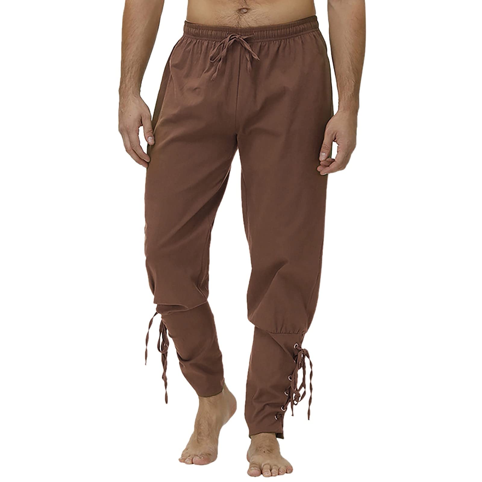 Men's Ankle Banded Cuff Renaissance Pants Medieval Viking Trousers Pirate Cosplay Costume with Drawstrings(Brown,Medium)