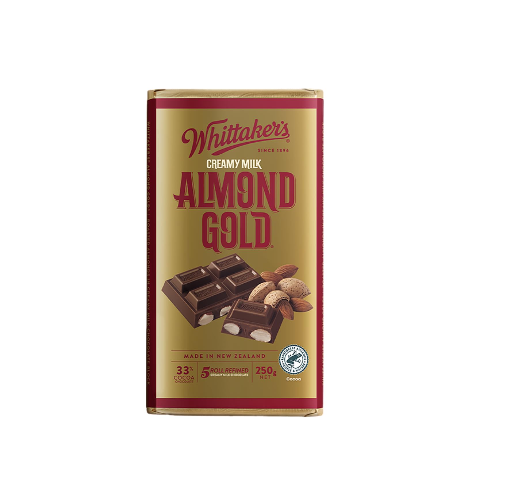 Whittaker's Classic Block, Crafting New Zealand’s finest chocolate since 1896, Imported from New Zealand (Pack of 1, Almond Gold, 33% COCOA • 5 ROLL REFINED, 250 Gram)
