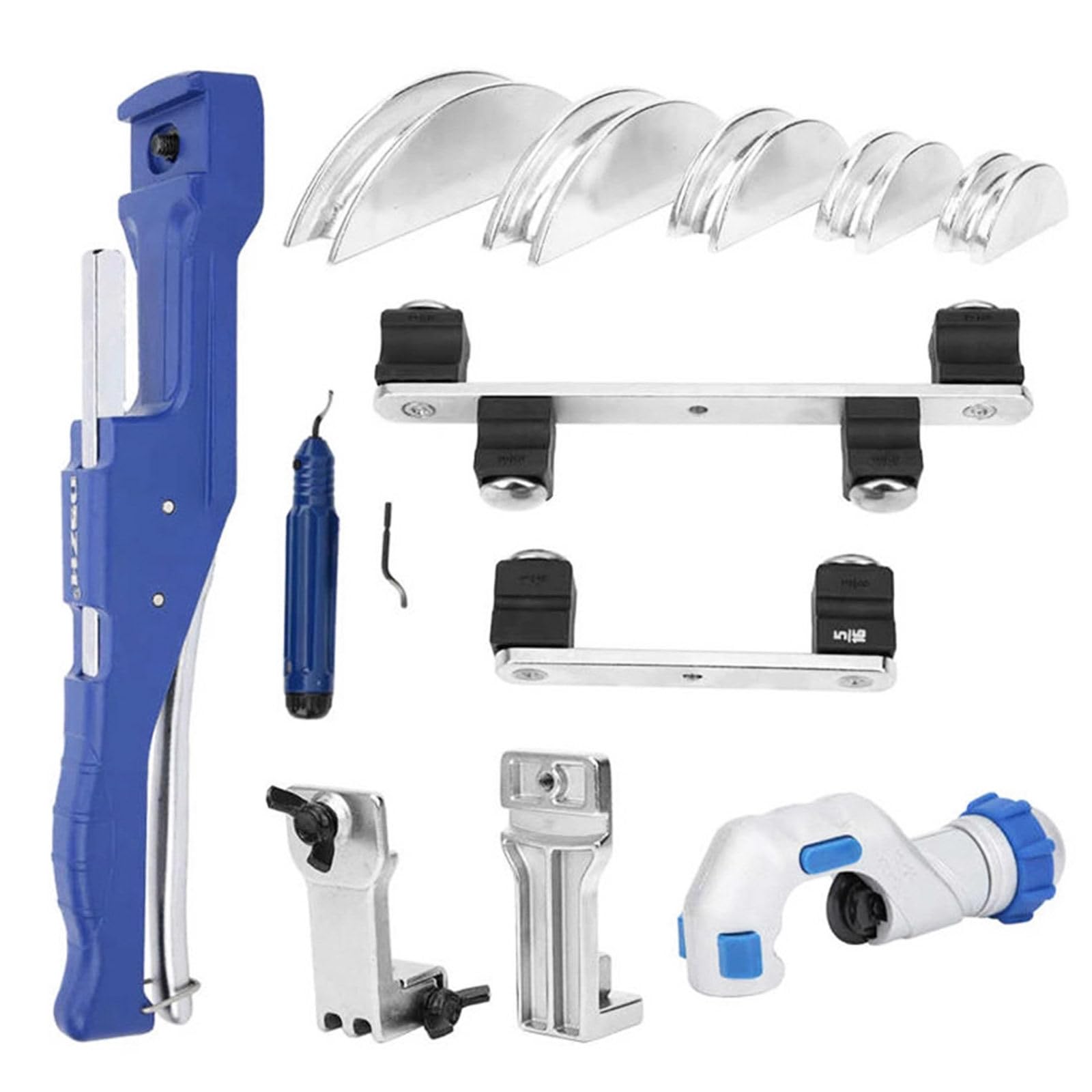 Doblador de Tubos, curvadora de Tubos de 10-22mm, Herramientas manuales para Doblar Tubos de 90° hacia adelante/hacia atrás con 5 Troqueles, Cortador de Tubos y Herramienta de desbarbado
