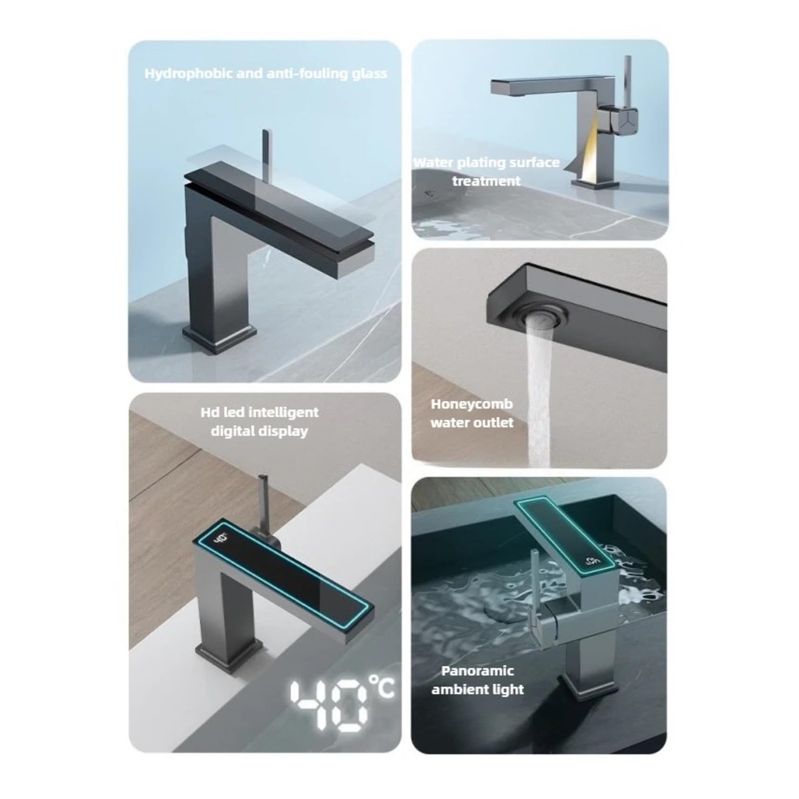 Grifo de baño gris pistola, grifo mezclador para lavabo latón con pantalla LED, monomando caliente y frío,Seguro y Confiable(Bianco)