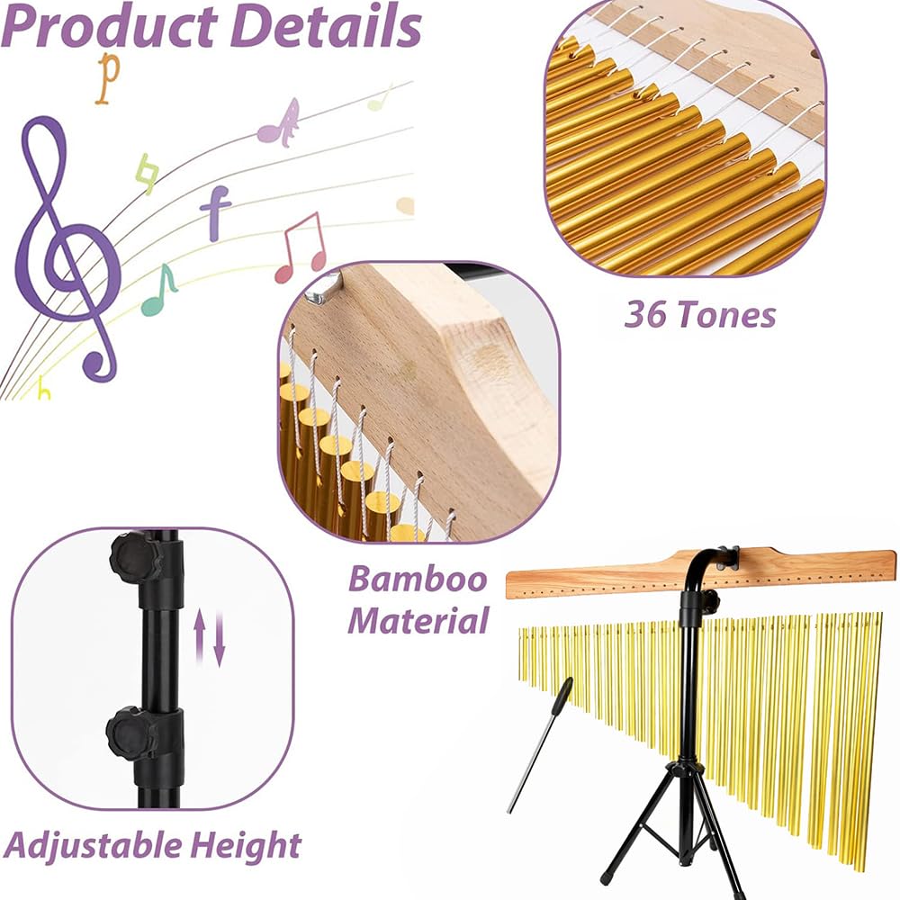 Carrillones de Percusión,Juego de 36 Láminas de Aluminio Afinadas,Soporte Plegable y Altura Ajustable (72-115 cm),Estructura de Madera,Con una caña llamativa,para Bandas de Iglesia,Orquestas y Coros