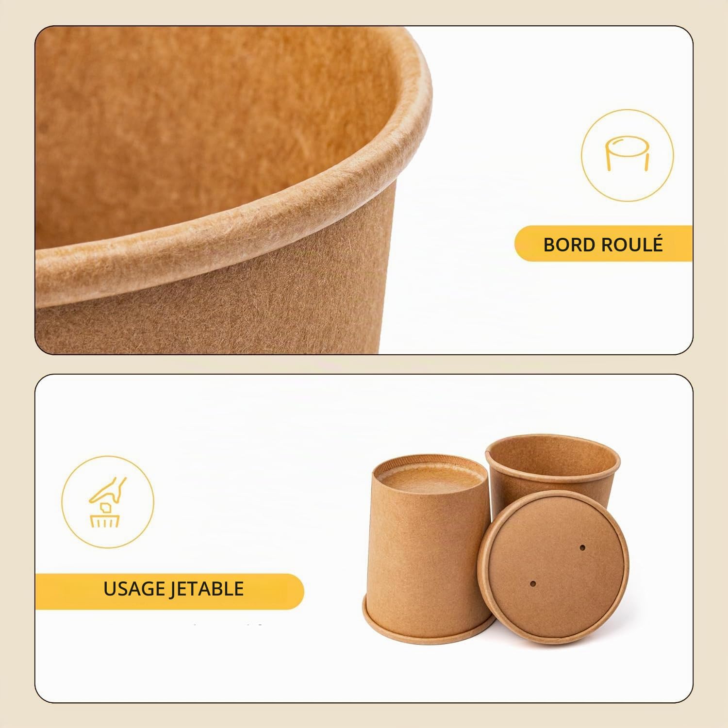 50 Pièces 16 OZ Tasses à Soupe Jetables avec Couvercle, Gobelets à Soupe à Emporter, Tasses à Soupe Carton, Gobelets en Papier à Glace, pour Micro-Ondes et Aliments Surgelés (Couvercle Brun)