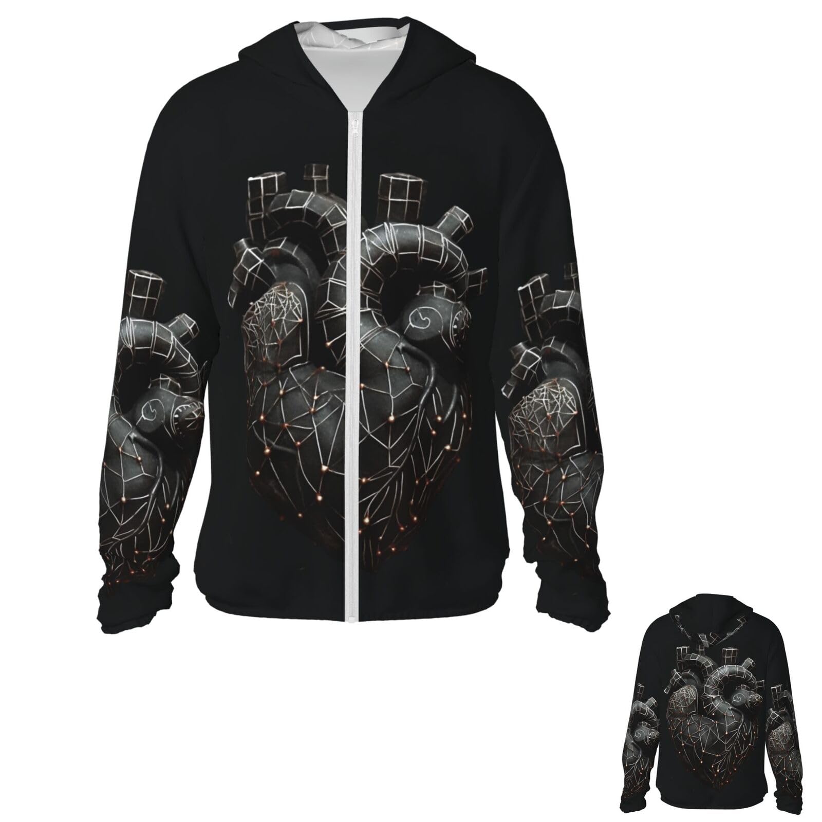 NONHAI Men's Sun Protection Jacket UPF 50+ Full Zipper Long Sleeve UV Hoodie Shirt Heart Heart Women's Outdoor Jacket Black