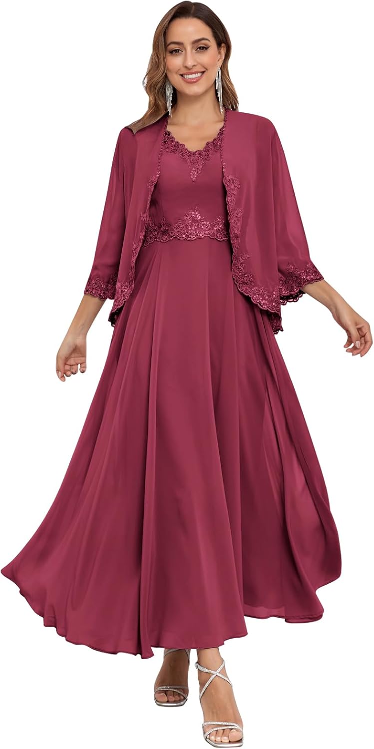2 Piece Mother of The Bride Dresses with Jacket Sequin Lace Chiffon Formal Evening Dress
