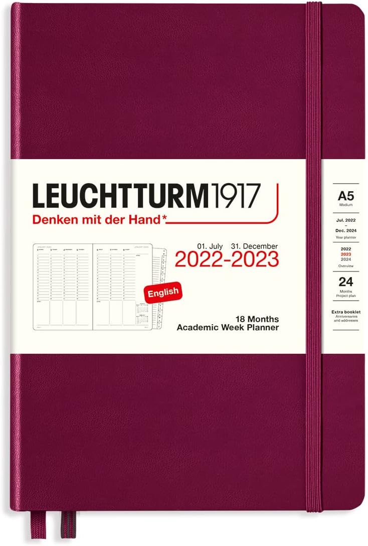 LEUCHTTURM1917-18-month Medium A5 Hardcover Academic Week Planner, Jul. 2022 - Dec. 2023, English (Port Red)