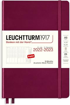 LEUCHTTURM1917-18-month Medium A5 Hardcover Academic Week Planner, Jul. 2022 - Dec. 2023, English Port Red