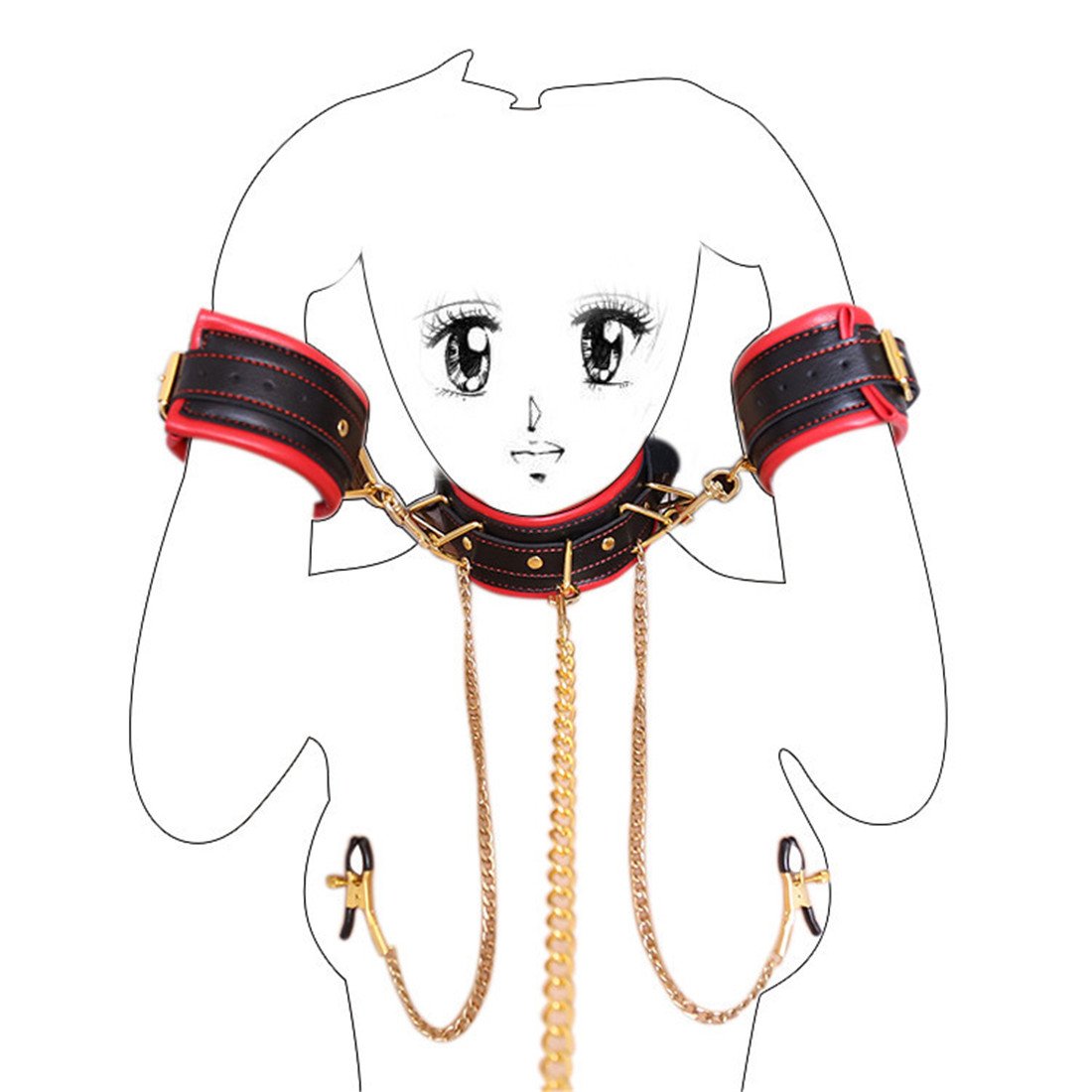 Collar de piel con grilletes para las manos, pinzas para los pezones, set de ataduras