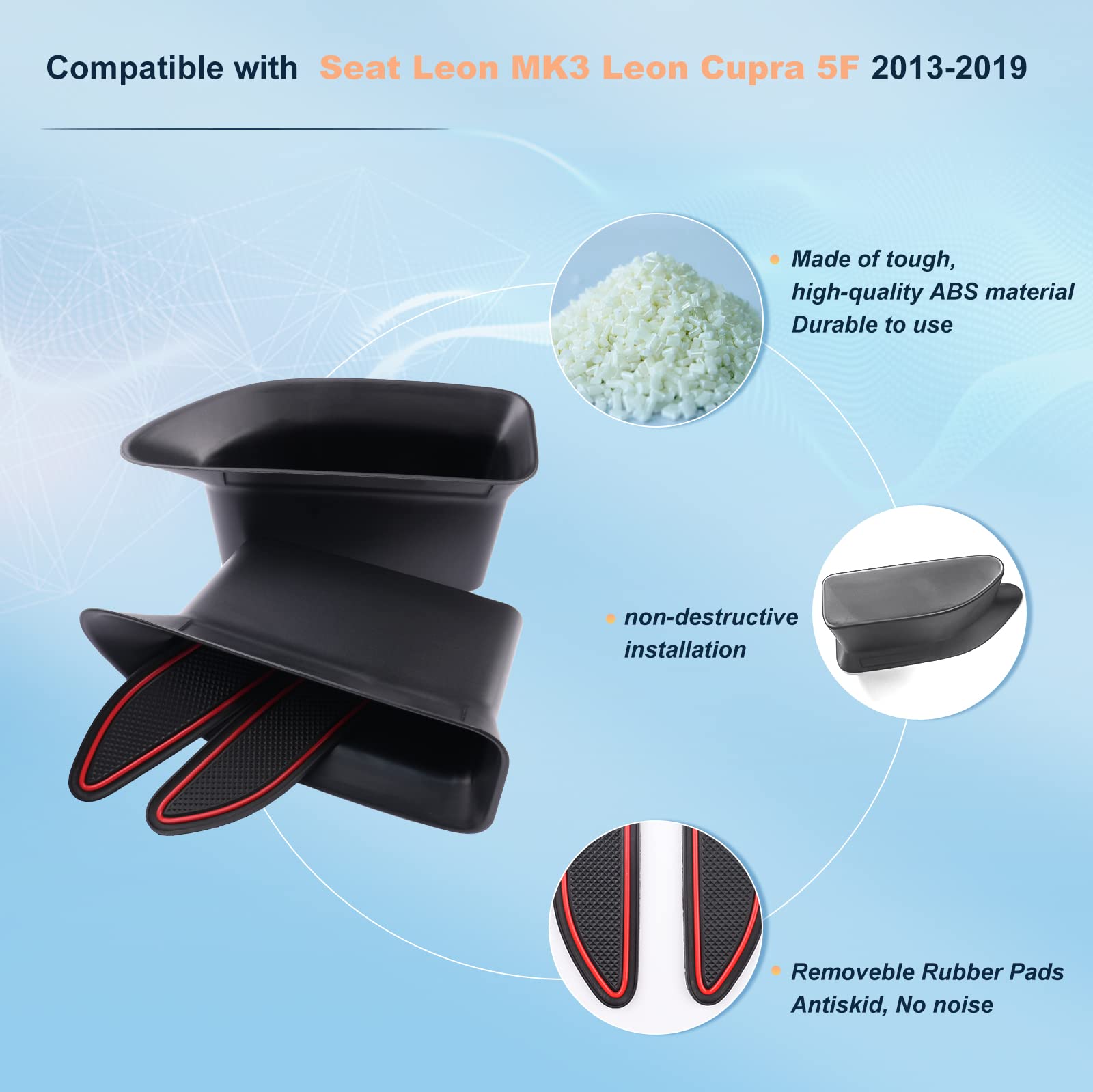 BIXUAN kompatybilny z Seat Leon 5F FR ST MK3 2013-2019 Pudełko do przechowywania w drzwiach z antypoślizgową matą, schowek na akcesoria, tacka organizera, schowek na rękawiczki, przednie drzwi lewe i
