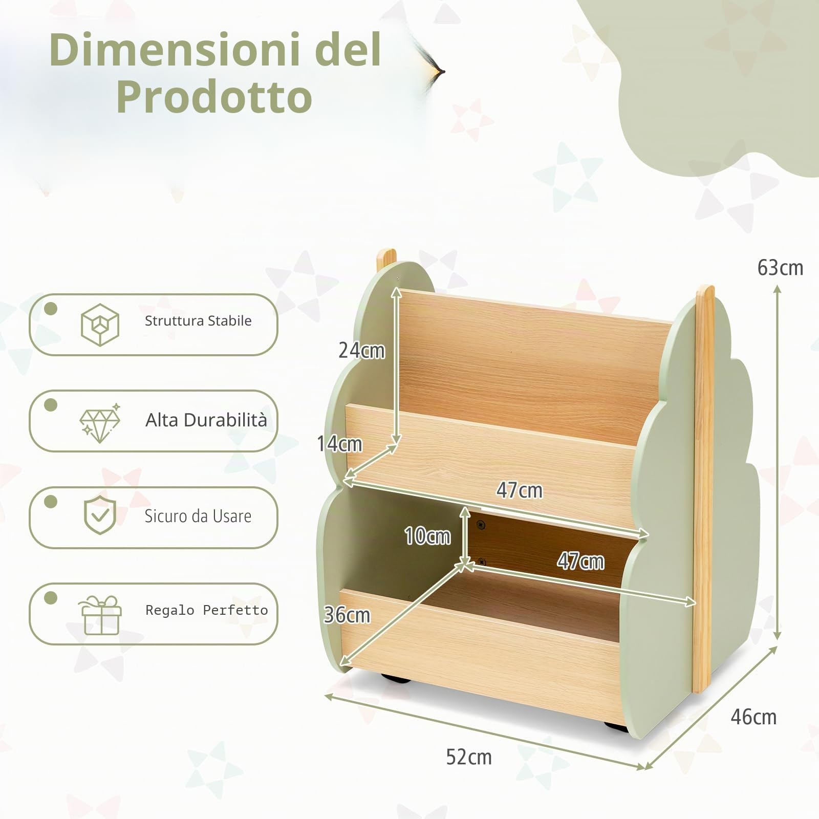HOMASIS Libreria Montessoriana per Bambini con 2 Scomparti, Scaffale per Bambini in Legno con 4 Ruote, Cassapanca Portaoggetti per Camera dei Bambini, Sala Giochi e Asilo (Verde)