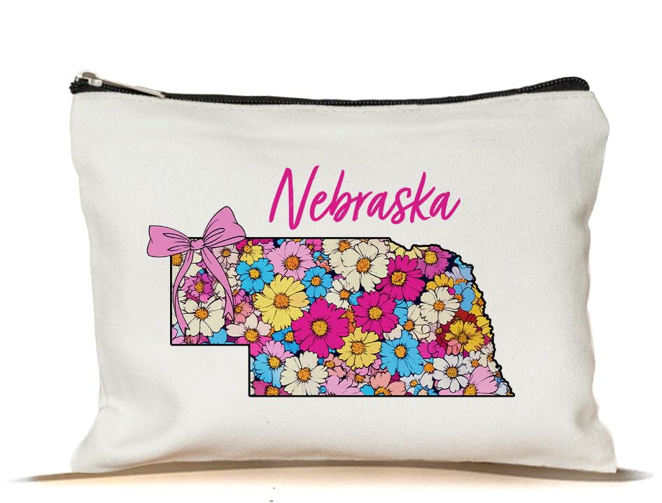 PinPop56 Floral Coquette State Nebraska Makeup Bag - Retro Floral State Travel Zippered Makeup Bag Gift For Women - Friends - Nebraska Lovers On