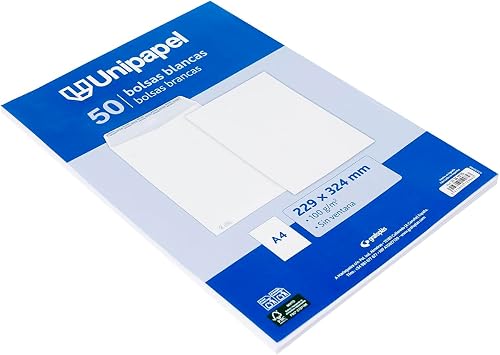 Unipapel White Paper Envelopes 100 g | 229 x 324 mm | Pack of 50 | Bag Type | Autodesk Silicone Self-Adhesive Strip | Top Opening | FSC | Perfect for A4 Documents without Folds