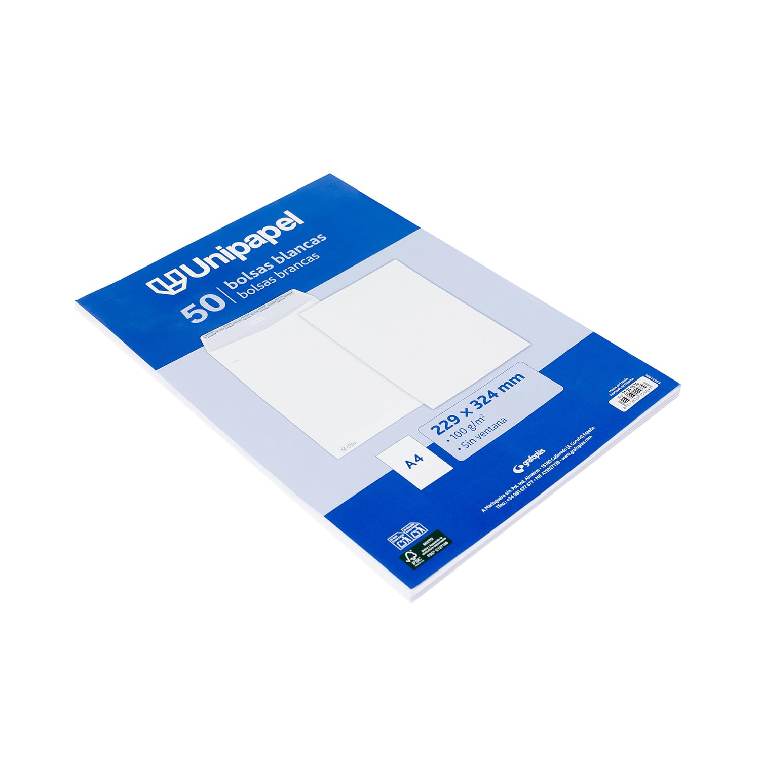 Unipapel - Sobres Papel Blancos 100g, 229x324mm, 50 Unidades, Tipo Bolsa, Tira Autoadhesiva Silicona Autodesk, Apertura Superior, FSC, Documentos A4 Sin Pliegues
