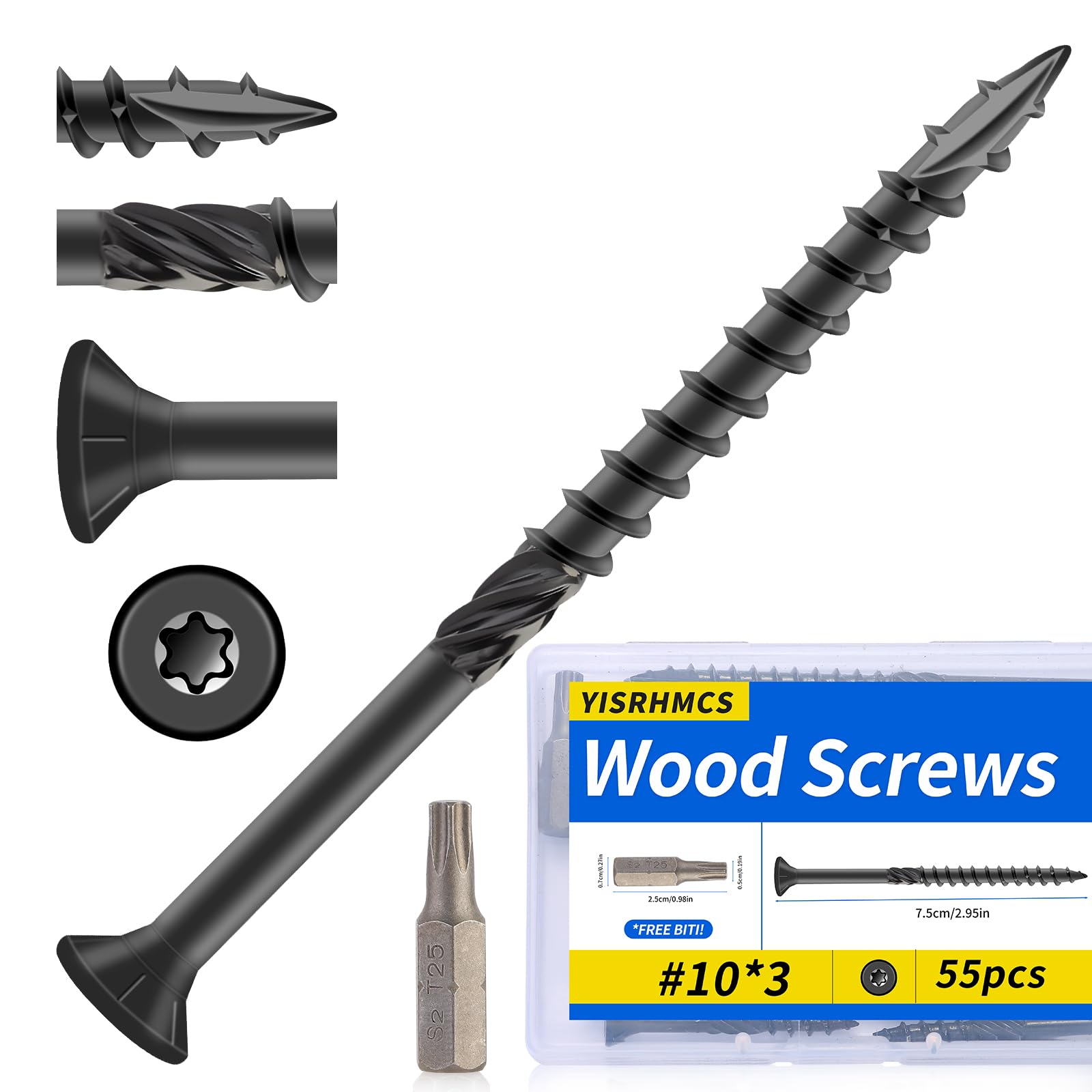 View 1 of #10 x 3 Inch Wood Screws, 55 PCS, Carbon Steel Black Epoxy Coated Rust Resistant Self Tapping Deck Screws with T25 Star Bit, for Deck, Fence, Patio and Outdoor Furniture