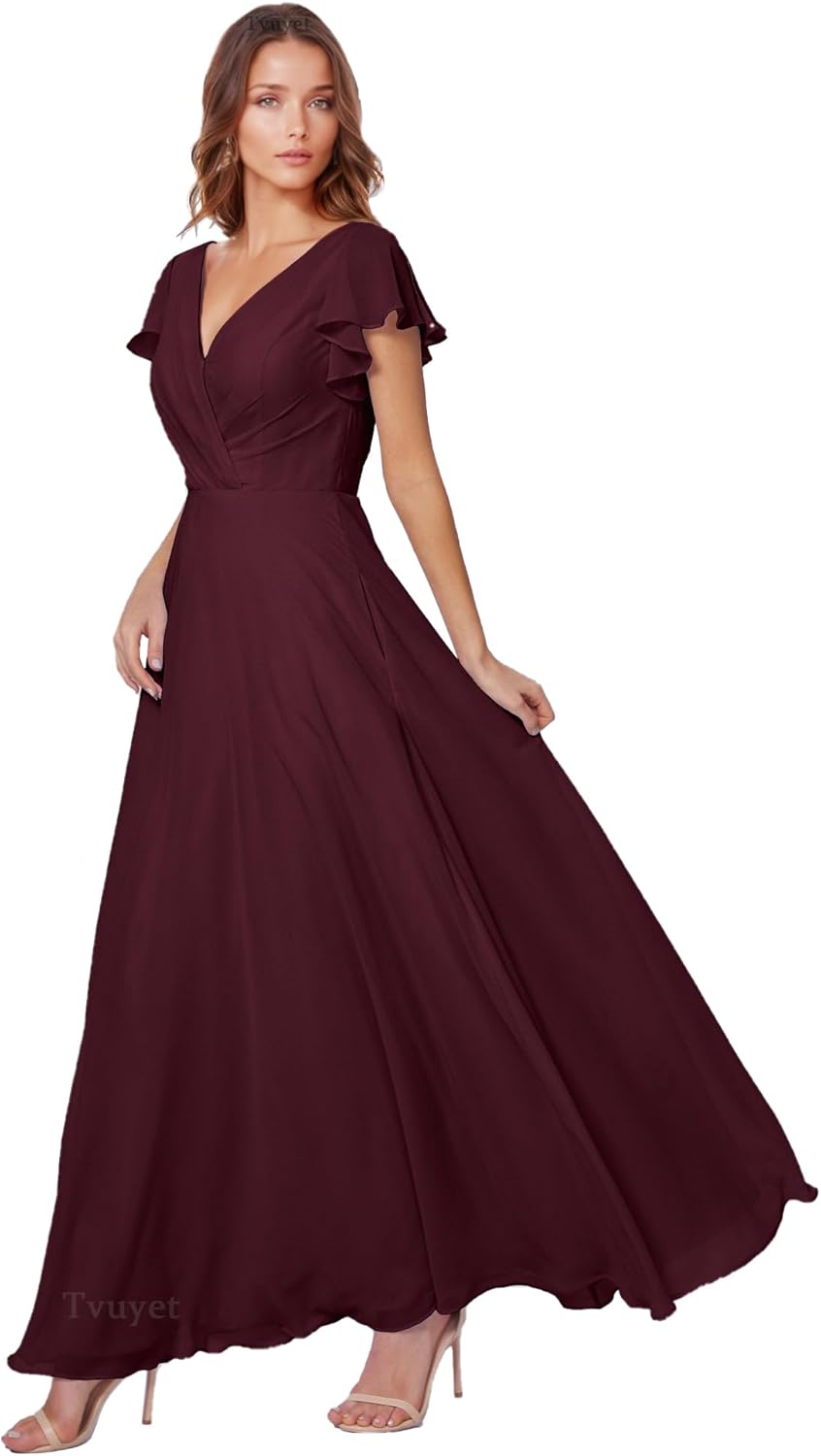 Tvuyet Women's Elegant V Neck Bridesmaid Dresses for Wedding Long Chiffon Formal Dresses Ruffle Evening Party Dress