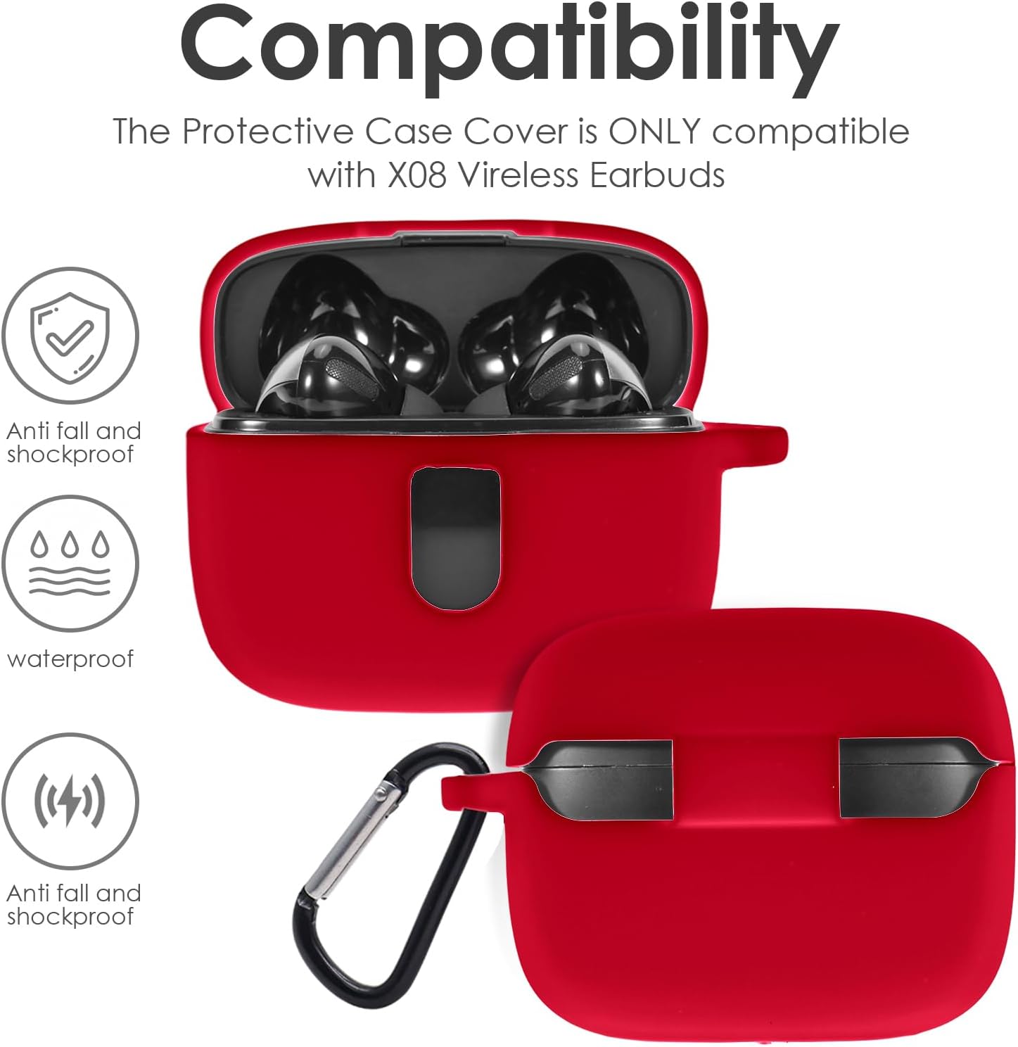 Premium Silicone Case for TAGRY X08 Wireless Earbuds with Carabiner. (Red) - Image 5