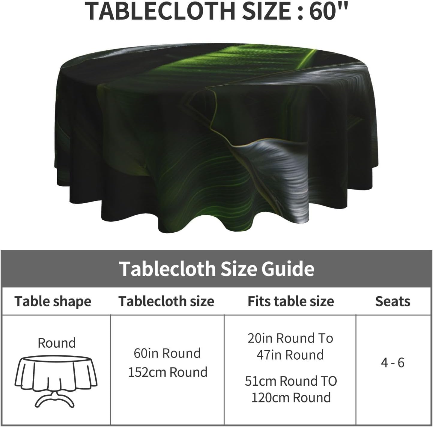 Banana Leaf Black1 Print Wrinkle Free Dining Table Cover for Birthday Party Farmhouse Tablecloths Up to 60 x 60 Inches