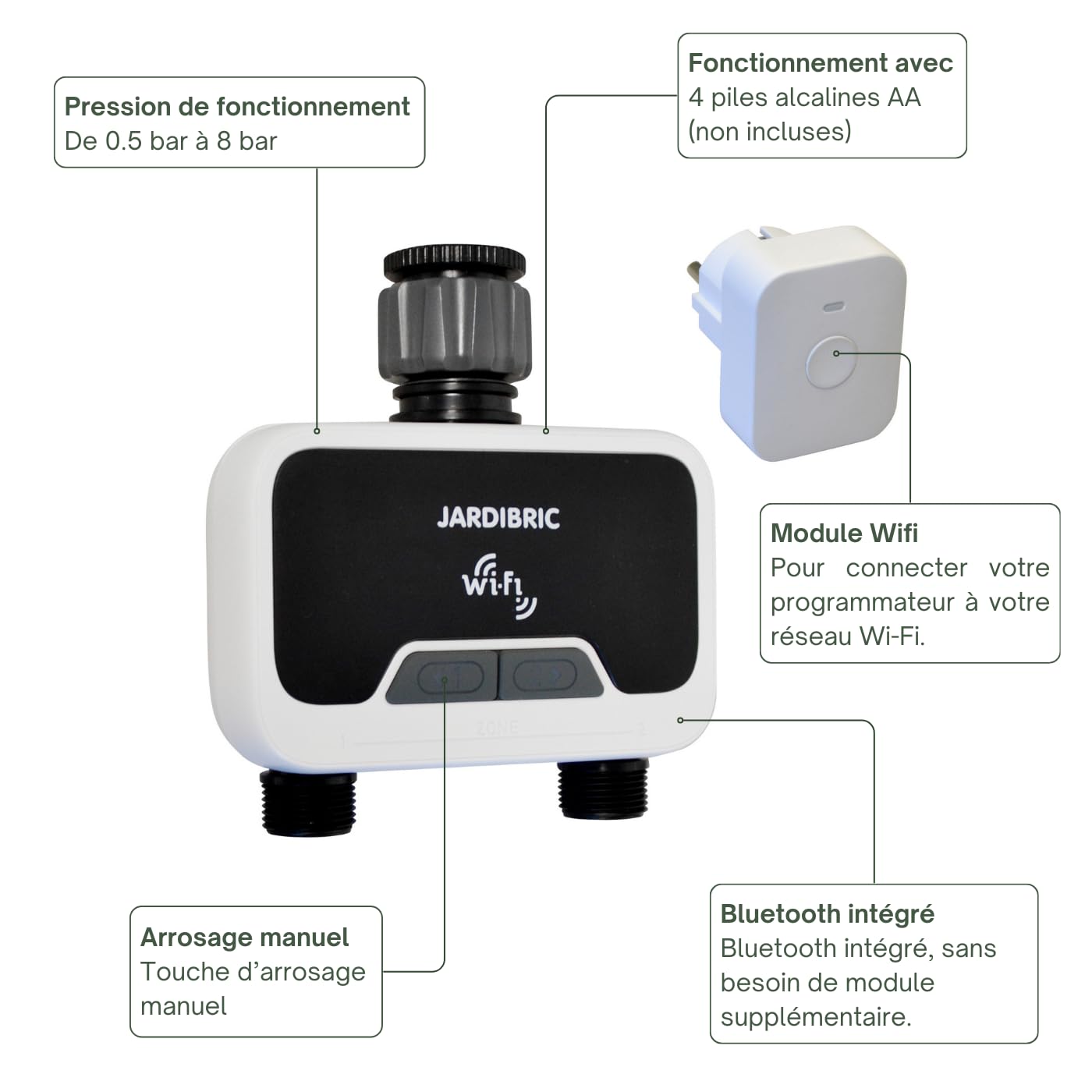 Jardibric - Programmatore di irrigazione WiFi con App "Tuya Smart", Controllo remoto e vocale, IP54, Portata 2100 L/h, Pressione 0,5-8 Bar, 2 Vie, Funzione Manuale e Rain Dela