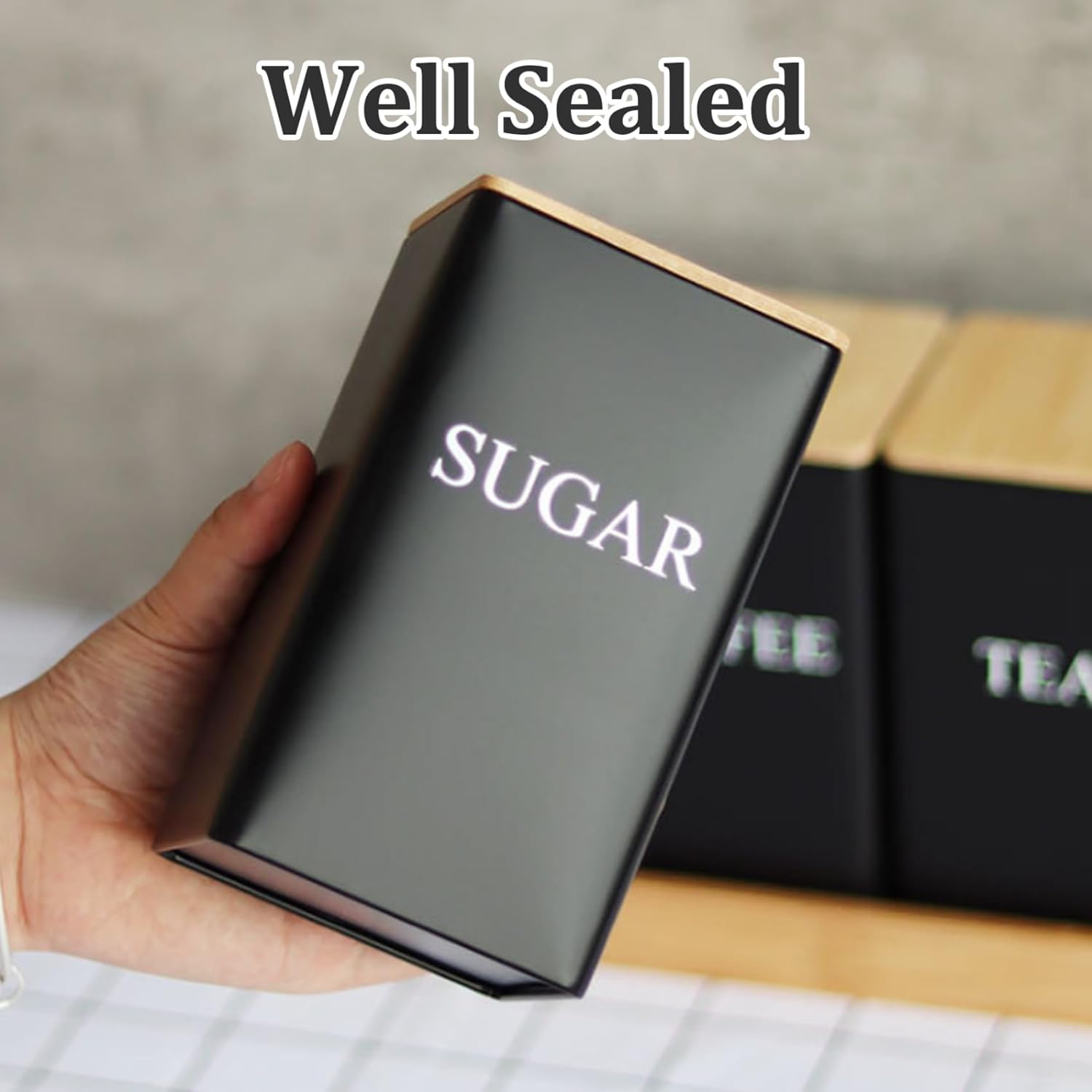 Coffee Tea Sugar Container Set of 3 Iron Tea Coffee Sugar Canister Set with Airtight Bamboo Lid and Name Marker Simple Square Kitchen Canister Set for Coffee Tea Sugar Storage Black