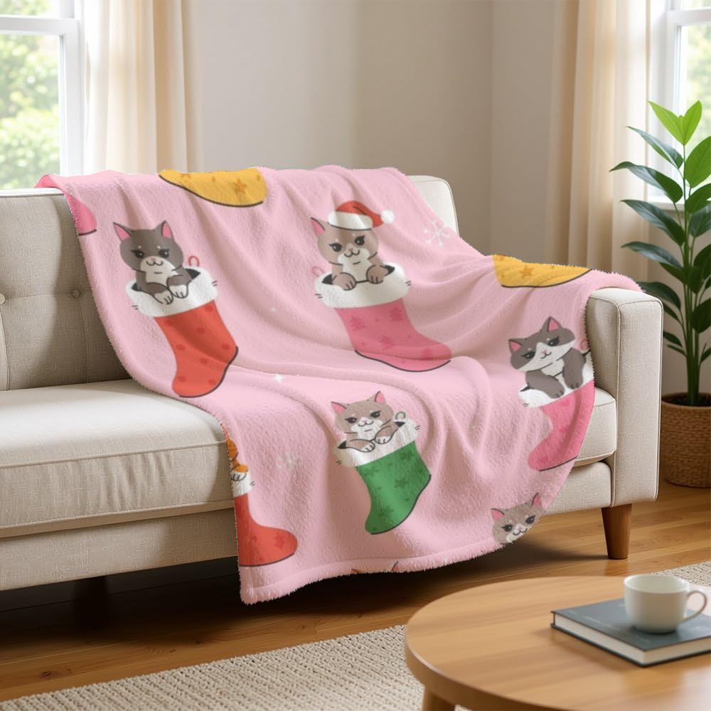 Fleece Throw Blanket Super Soft Full Size Lightweight Plush Blanket Christmas Stockings Cats Pink Comfy Warm Holiday Boho Blankets Western Room Decor Throws for Couch Sofa Bed Chair 60"X80"