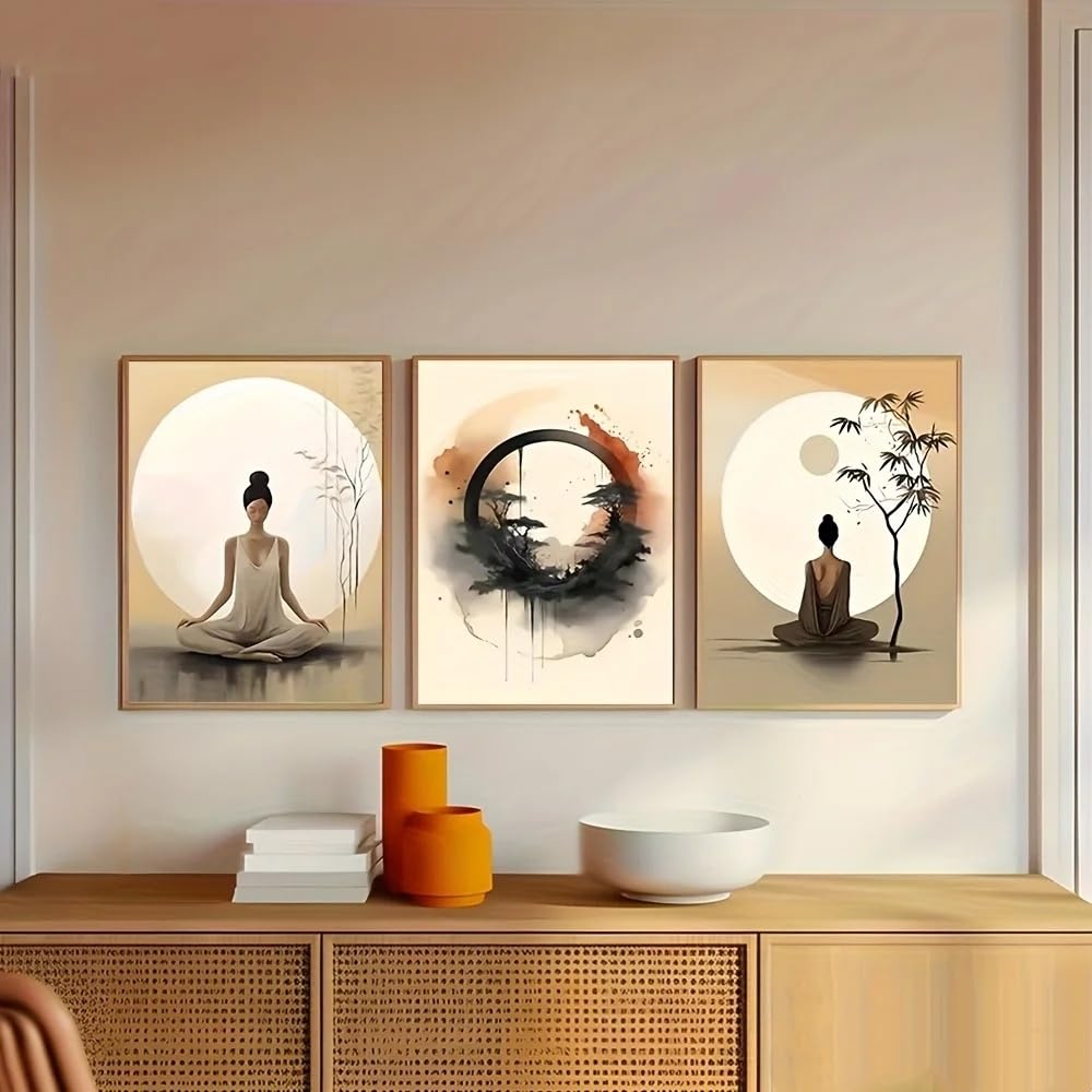 LTjiajuypd Stampe su tela, decorazioni per la casa, paesaggio naturale sereno, stile sud-est asiatico, cerchio di meditazione zen (50x75 cm - 3 pezzi)