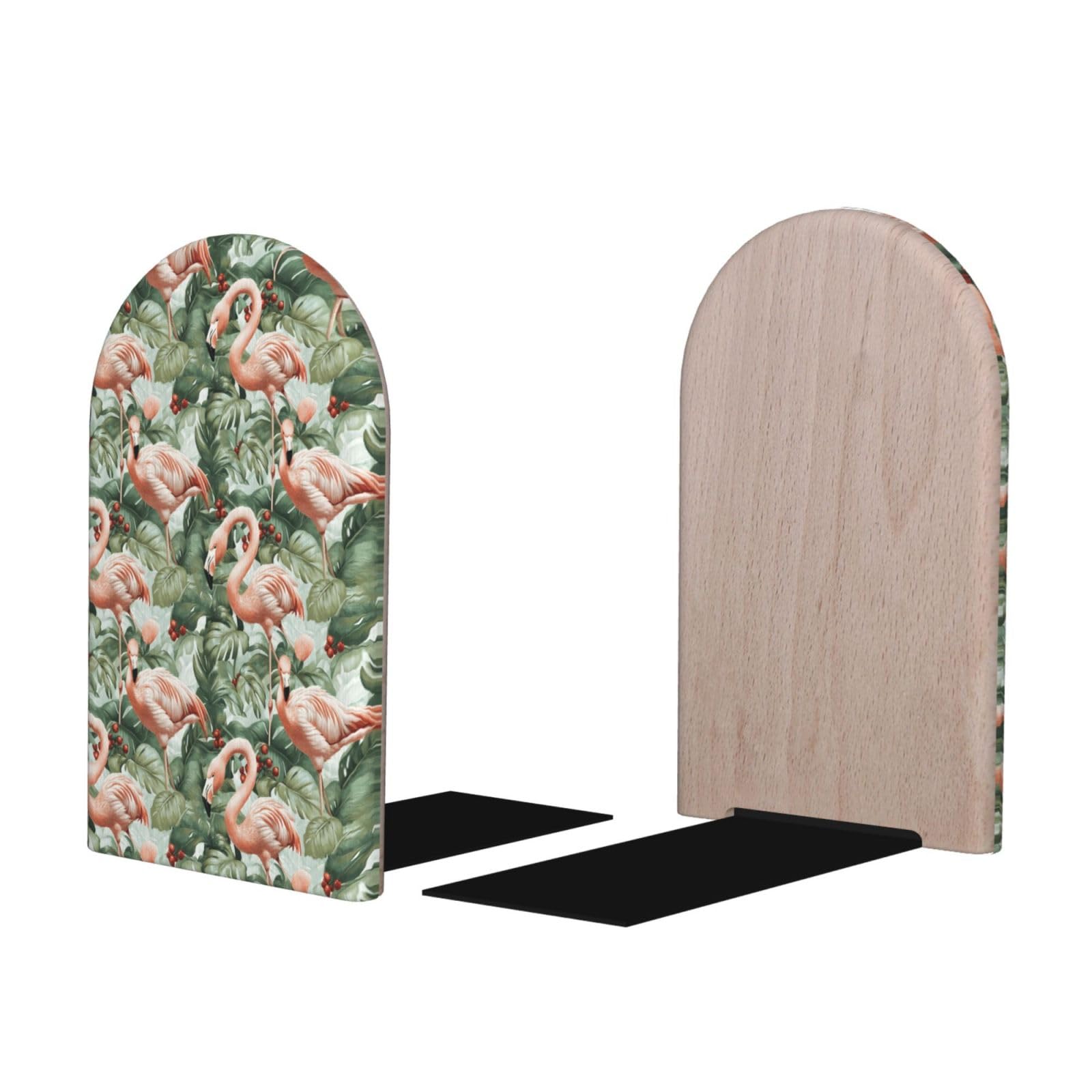 Tropical Plant Flamingo Print BookEnds 1 Pair, Decorative Bookends for Heavy Books, Wood Book Ends for Shelves, Book Organizer for Home Desk Office Supplies