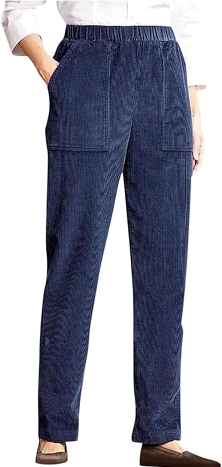 BIRW Corduroy Pants for Women Elastic High Waist Pull On Straight Leg Slacks Casual Trousers with Pocket