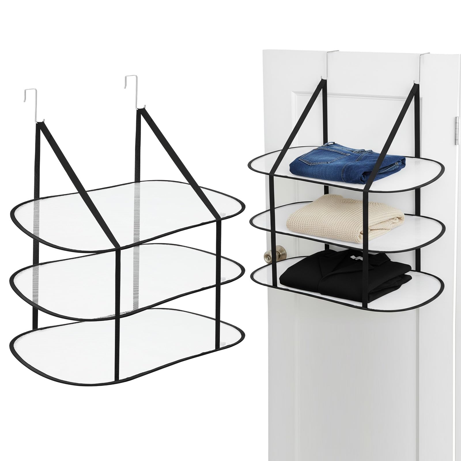 Photo 1 of Meyeyaia 2 Pcs 3 Tier Sweater Drying Rack Foldable Flat Over The Door Drying Rack, Large Black Mesh Clothes Hanging Fold Flat Dry Hanger for Underwear, Toys, Sweaters