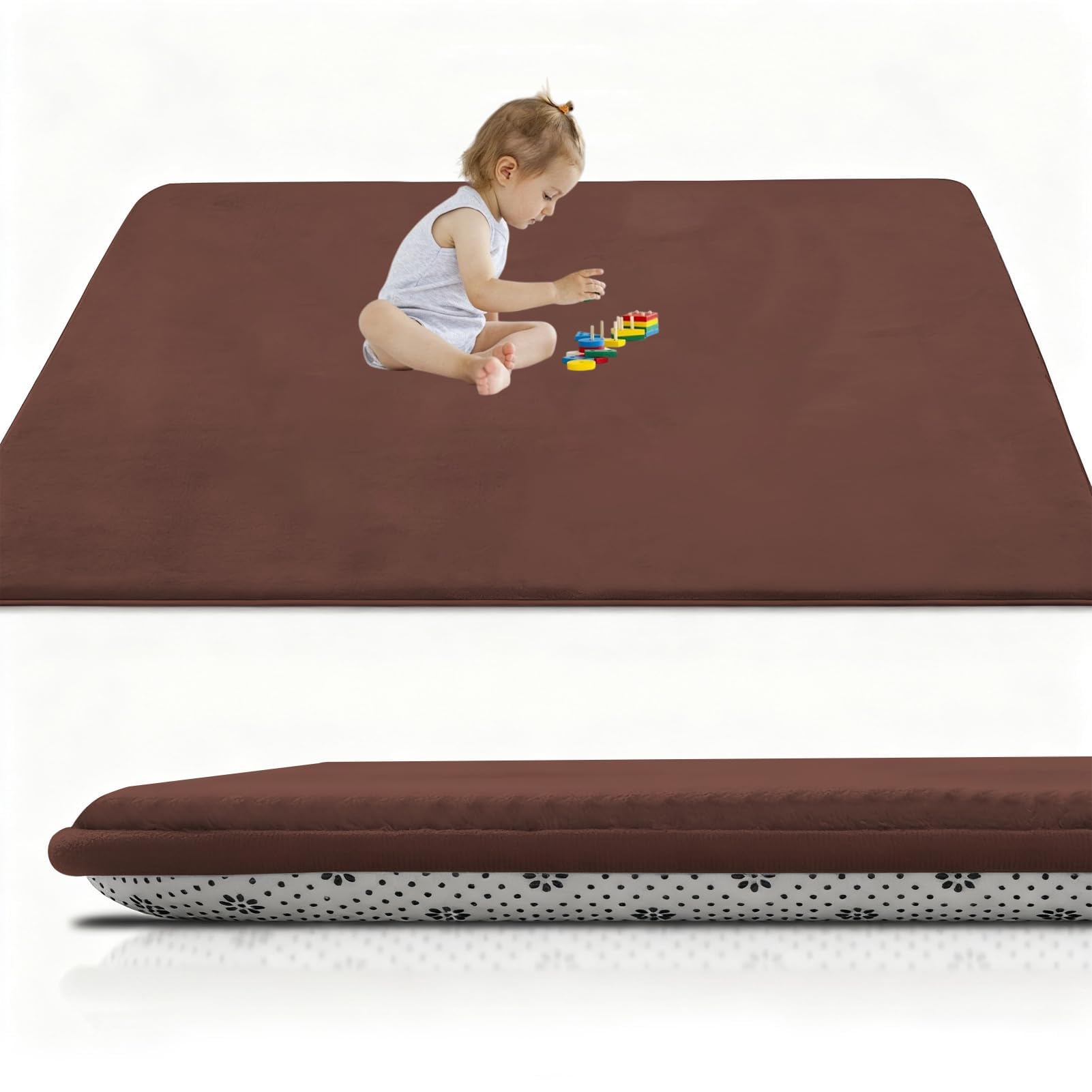 RxueSug Large Kids Crawling Play Mat, 80 x 100 cm Brown Foldable Baby Play Mat, Large Thick Foam Playmat Waterproof, 2cm Non-Slip for Children, Toddlers & Babies, Playpen Mat f Outdoor Indoor