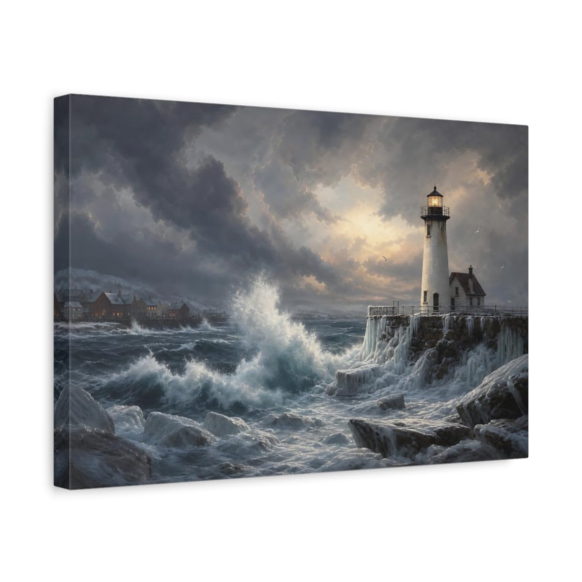 Nature Lighthouse Winter Coast Canvas Print – realistic Living Room, Above Couch 18×12 inch (45×30 cm) - Horizontal / 1.25 inch (3 cm)