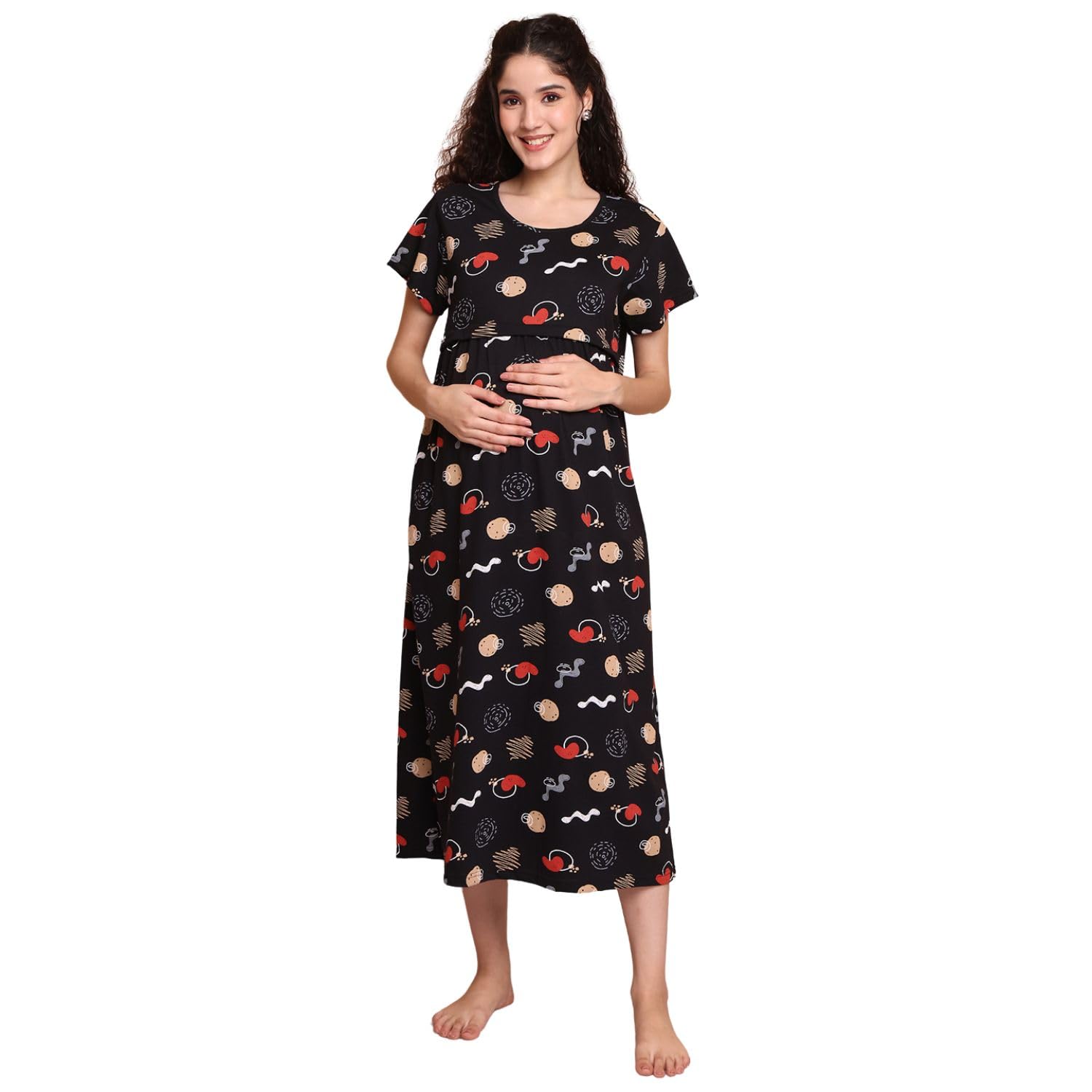 Hosiery Maternity Nighty| Nursing Nightwear | Easy For Breastfeeding | Pregnancy Night Gown | Pre and Post Pregnancy | Calf Length | Round Neck | Half-Sleeves-image-40