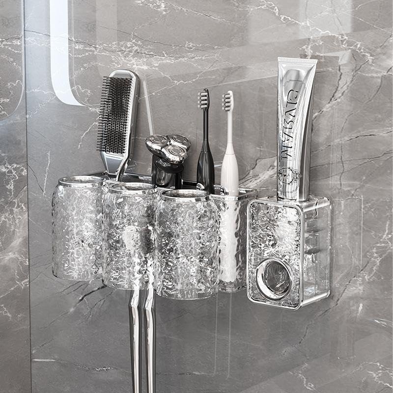 Image of Wall Mounted Toothpaste Dispenser with Toothbrush Holder - Transparent ABS Plastic, No-Drill Adhesive Installation, Waterproof & Space-Saving Bathroom Organizer (3 Cup Holder + THD)