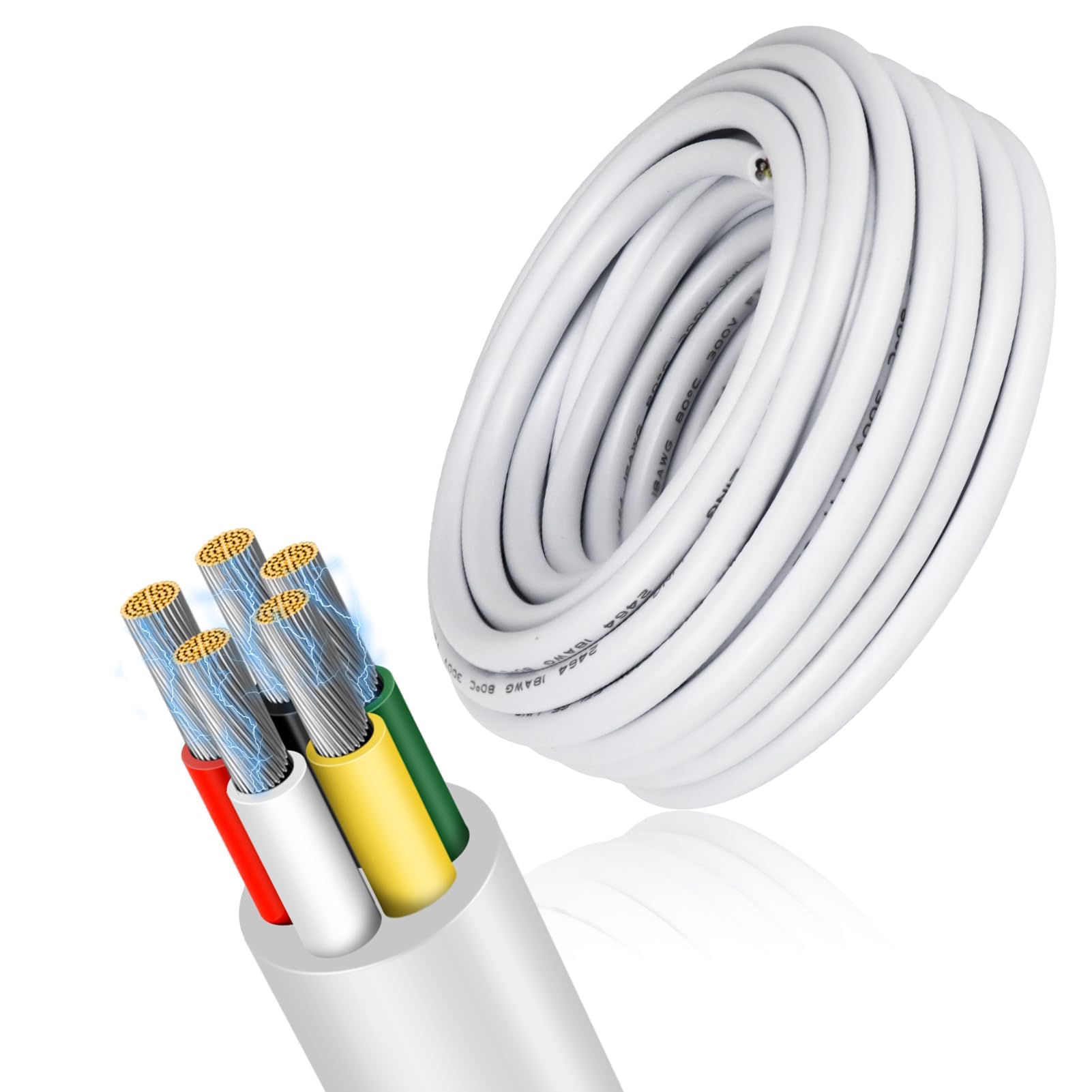 16 Gauge 5 Conductor Electrical Wire, 100FT Low Voltage 16/5 Tinned Copper Stranded 5 Wire Cable, 16 AWG White Flexible Extension Power Cord for