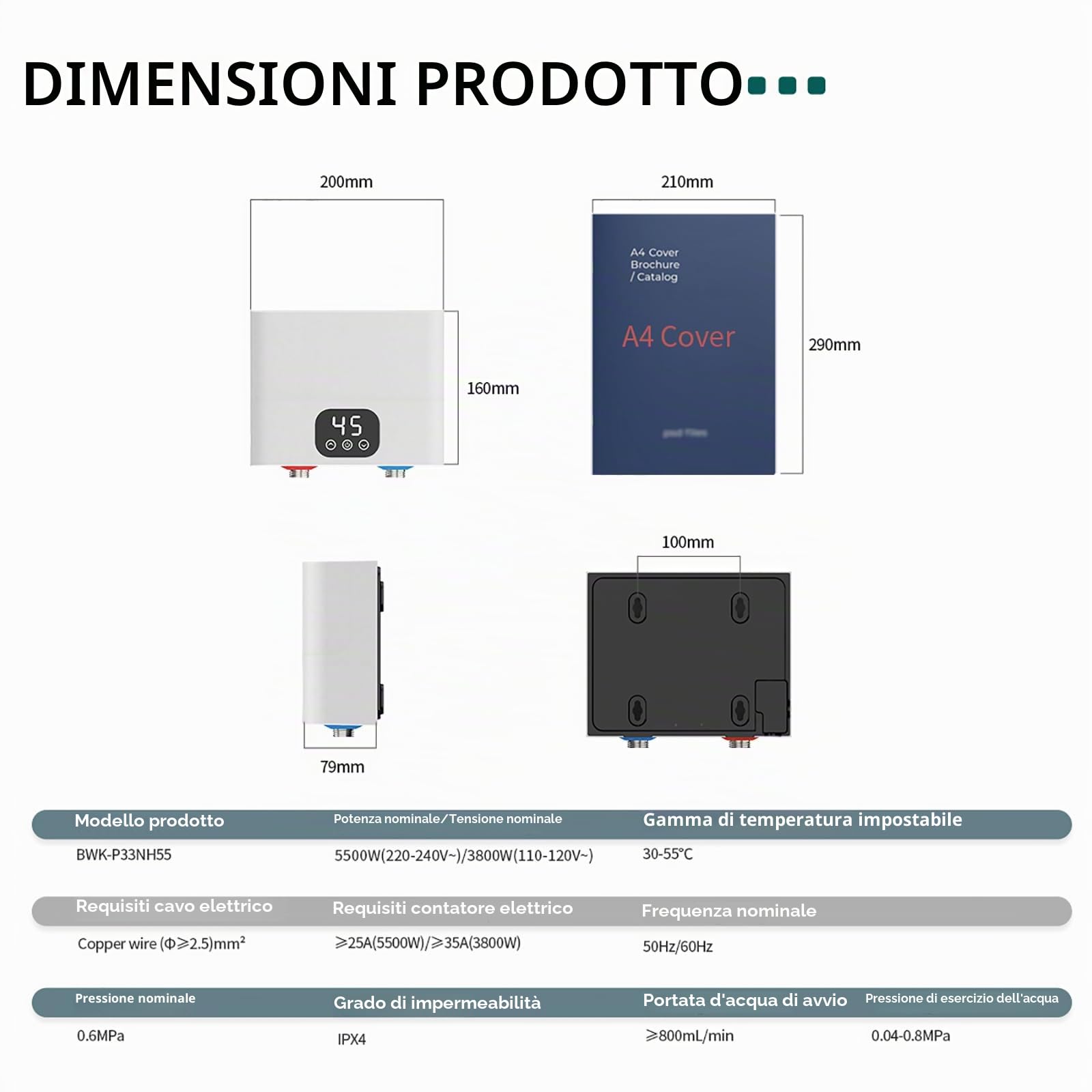 Scaldabagno Elettrico Istantaneo 220v 5500w Scaldacqua Istantaneo a Parete Mini Scaldabagno Istantaneo Elettrico con Display LED Della Temperatura Scaldabagni Elettrici per Cucina e Bagno (Quadrato)