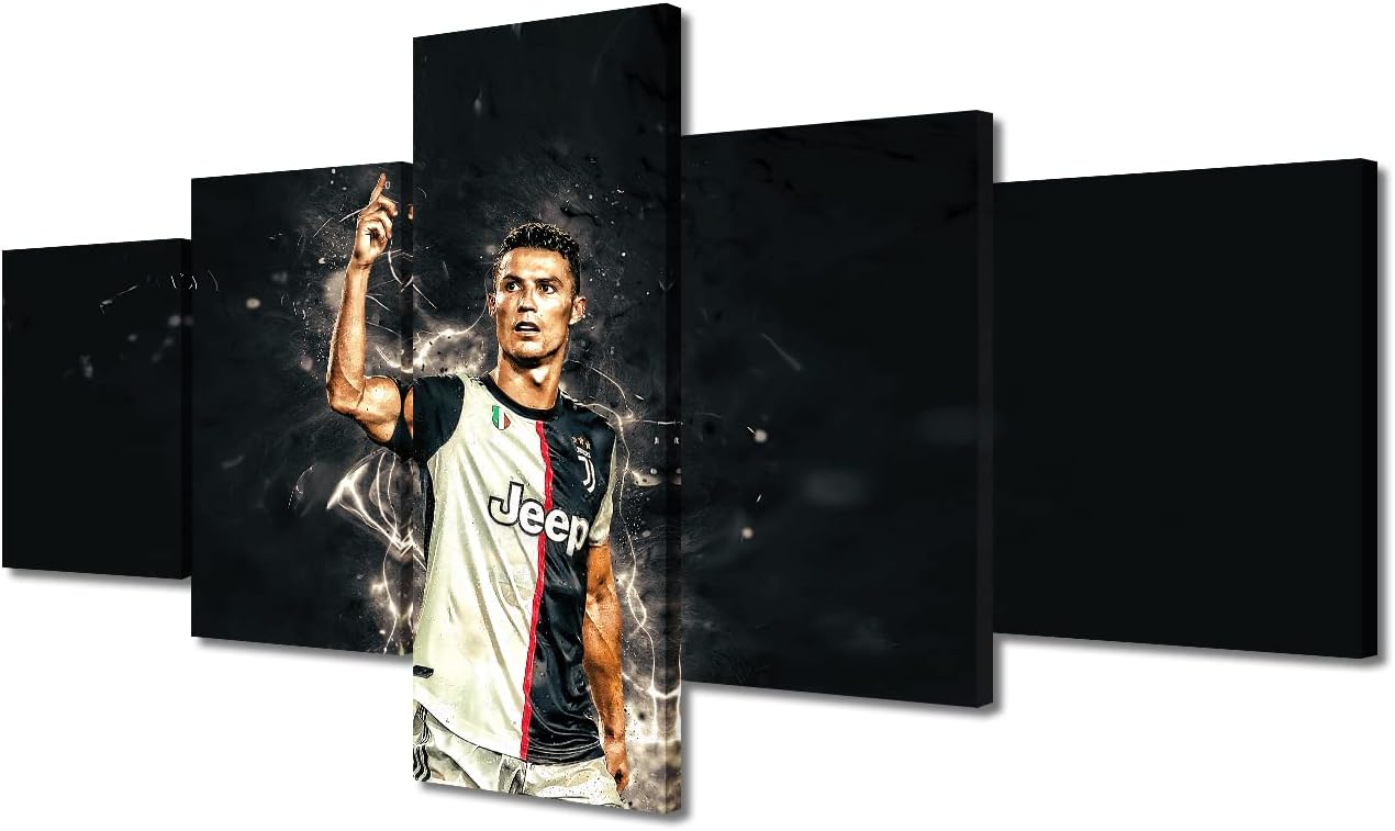 CR7 Cristiano Ronaldo Sports Pictures Football Star Paintings 5 Panel Canvas Wall Art Inspirational Sport Artwok Contemporary Home Decor for Living Room Giclee Framed Ready to Hang Posters 50x24 in