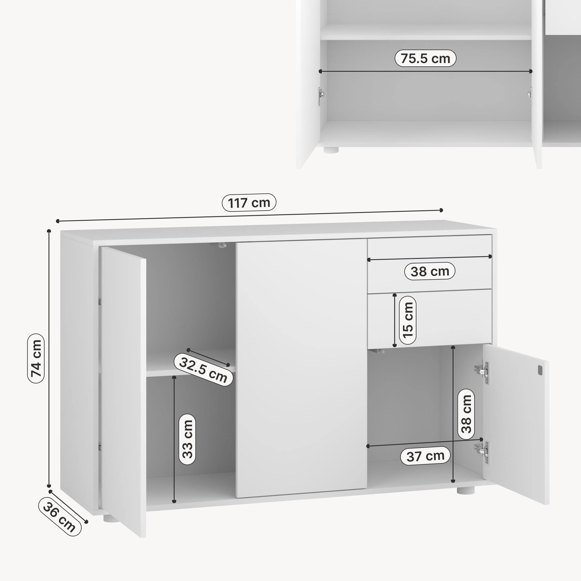 [en.casa] Credenza con 2 Cassetti e 3 Ante Comò Cassettiera Multiuso con Scomparti Vani Chiusi per Soggiorno Camera da Letto Ufficio 74x117x36 cm - Bianco Opaco