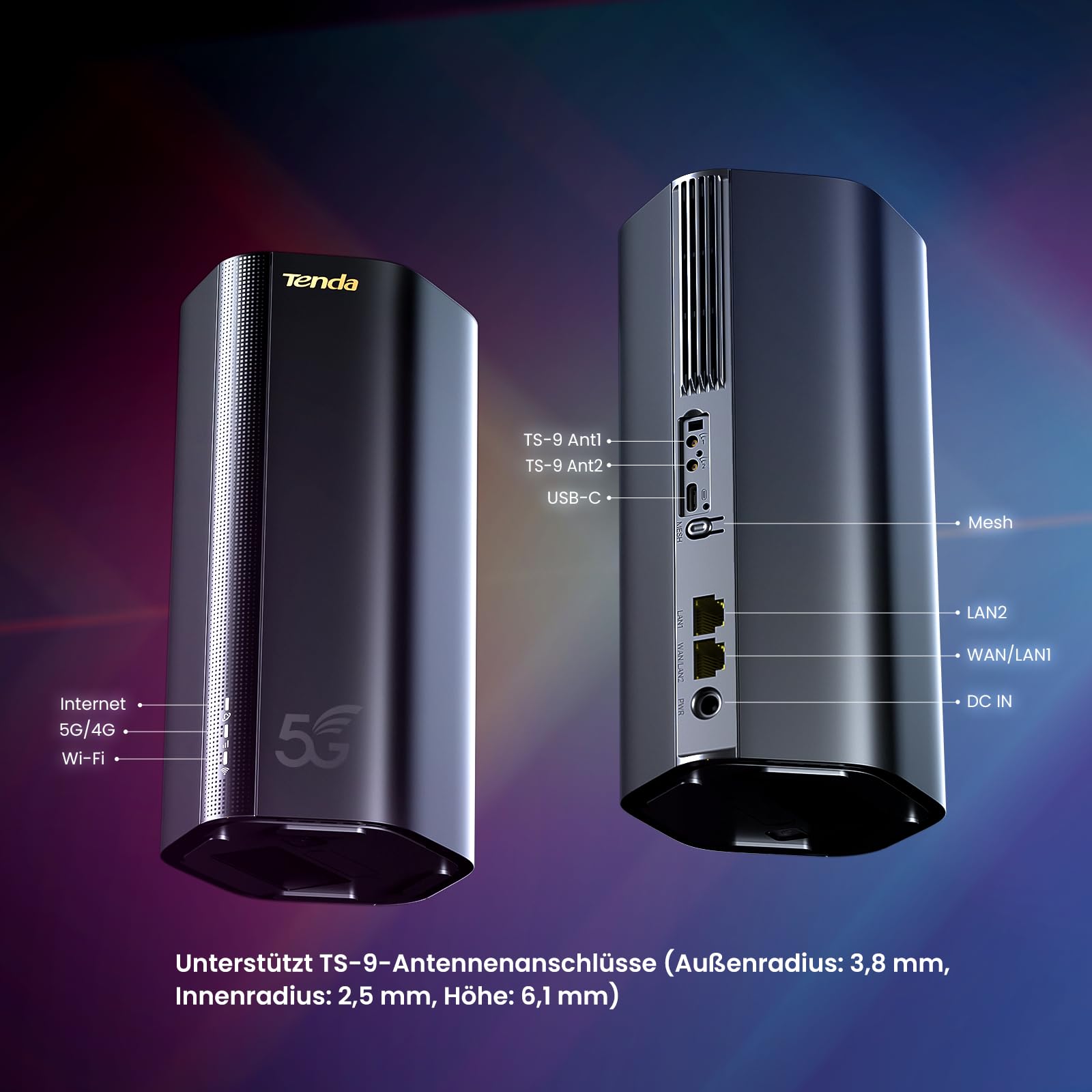 Tenda 5G03 – 5G Router SIM-Karte, WLAN LTE Router Wi-Fi 6 AX1800 CAT19 für Nano-SIM-Karte, 4,67Gbps im Download, Easy Mesh, Plug&Play, 2-Gigabit-Ports, WPA3, OFDMA, MU-MIMO