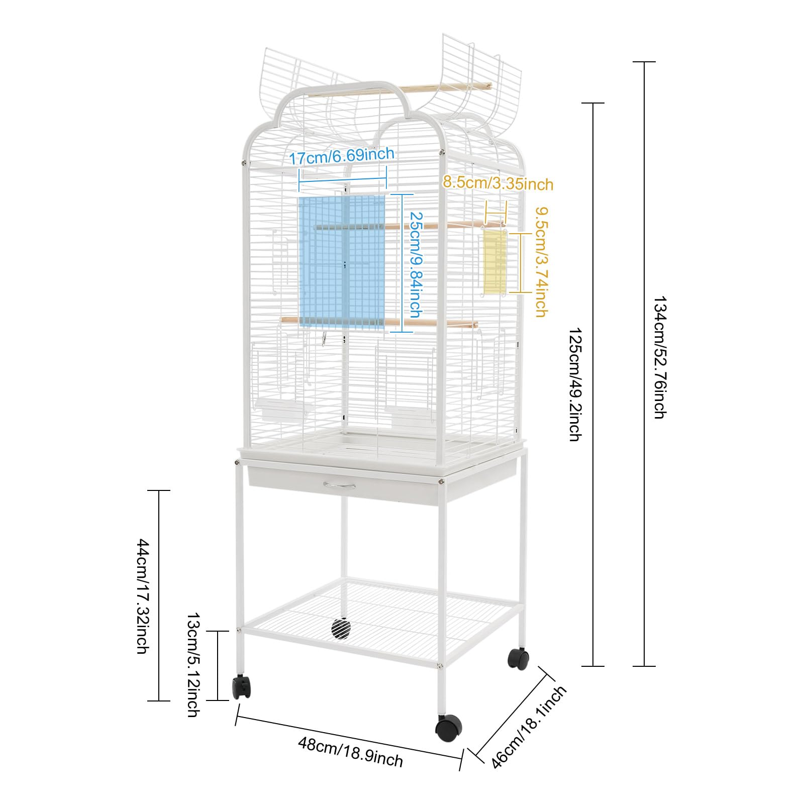 Pajarera grande con 2 cajas de comida, color blanco | Jaula para pájaros con 4 ruedas (2 frenos), con 3 sillas de madera, para pájaros pequeños y medianos (48 x 46 x 134 cm)