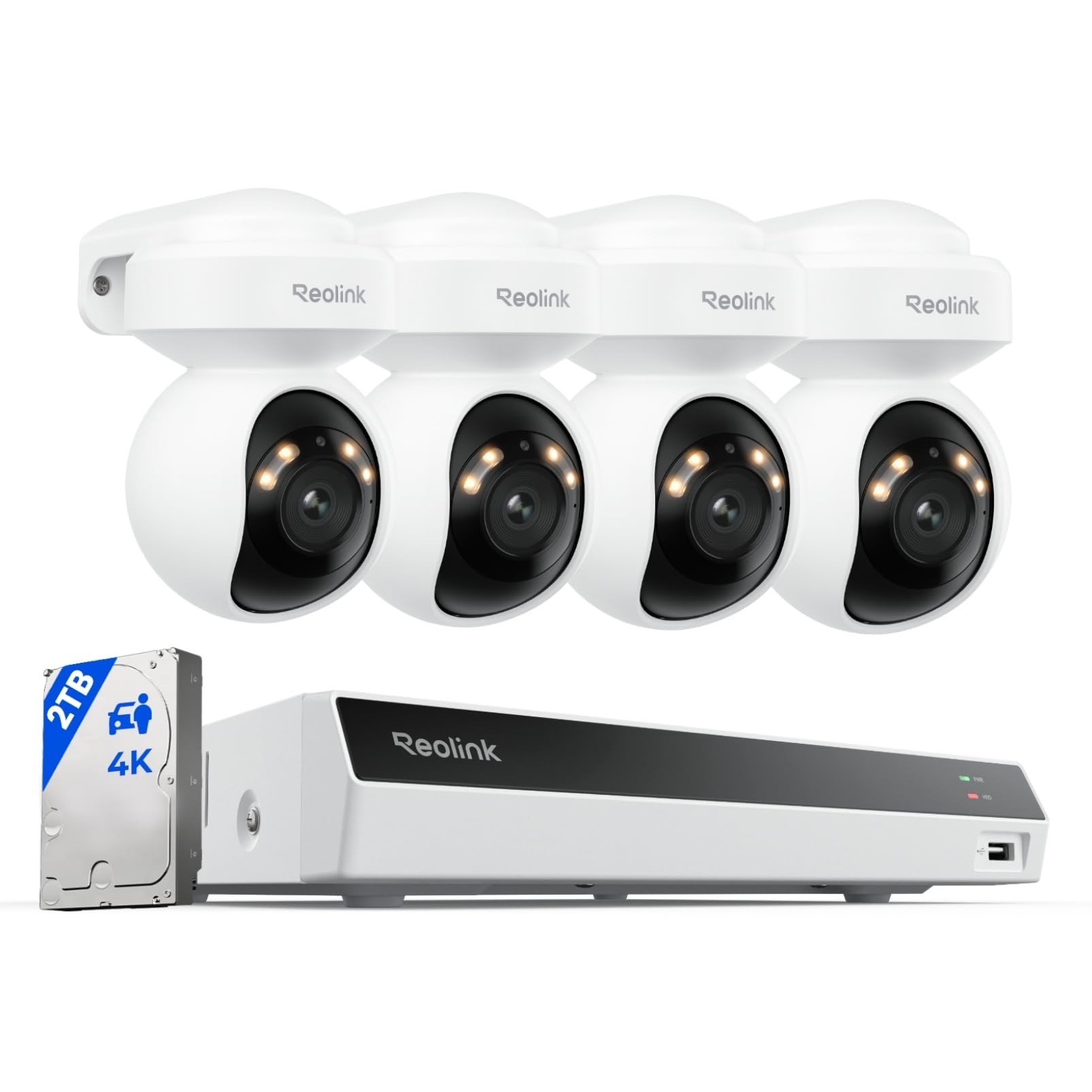 Reolink 4K PoE Überwachungskamera Set Aussen, 355° Schwenken, 50° Neigen, Auto-Tracking, Person-/Fahrzeug-/Tiererkennung, mit 2TB HDD, 24/7 Aufzeichnung, 8-Kanal NVR, für Outdoor & Innen, RLK8-800PT4