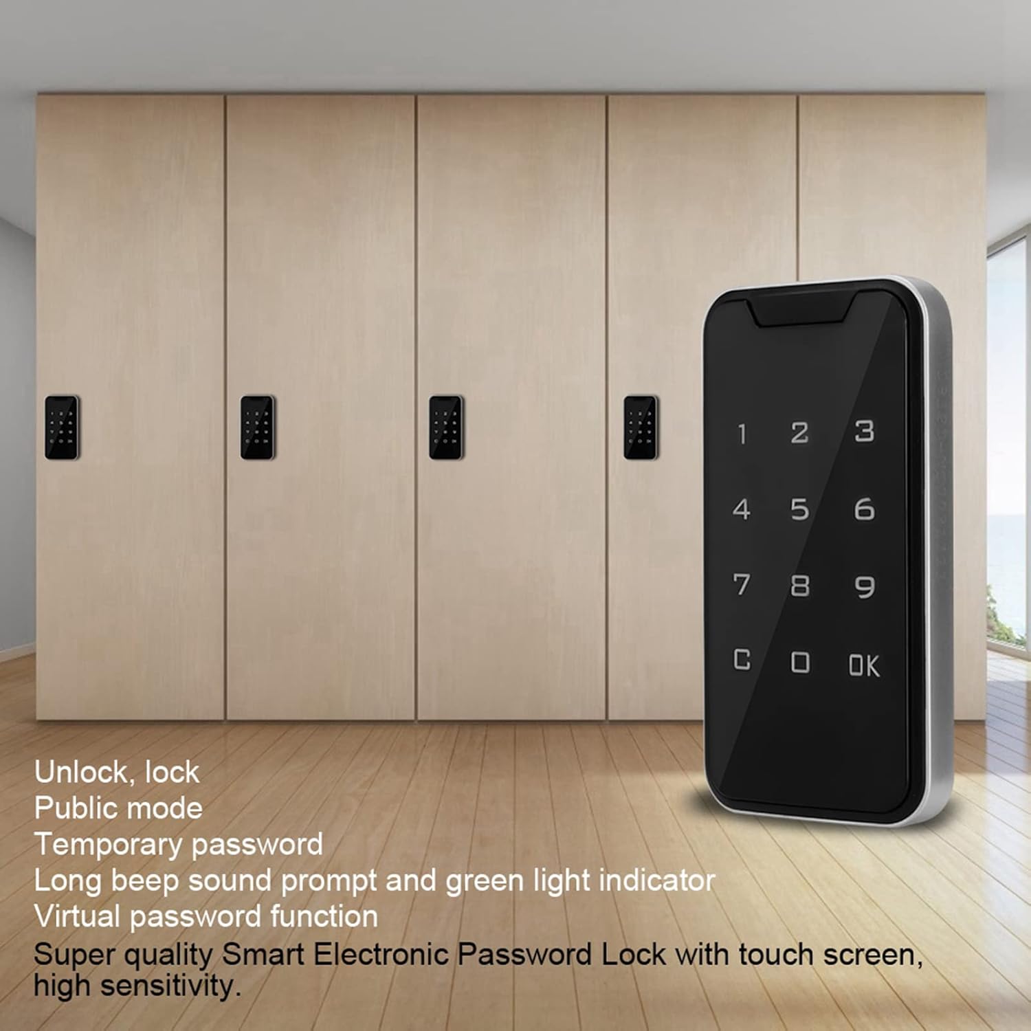 Multiple Ejoyous Electronic Cabinet Locks installed on light wooden cabinet doors, with one lock prominently displayed in the foreground, showing its touch screen keypad.