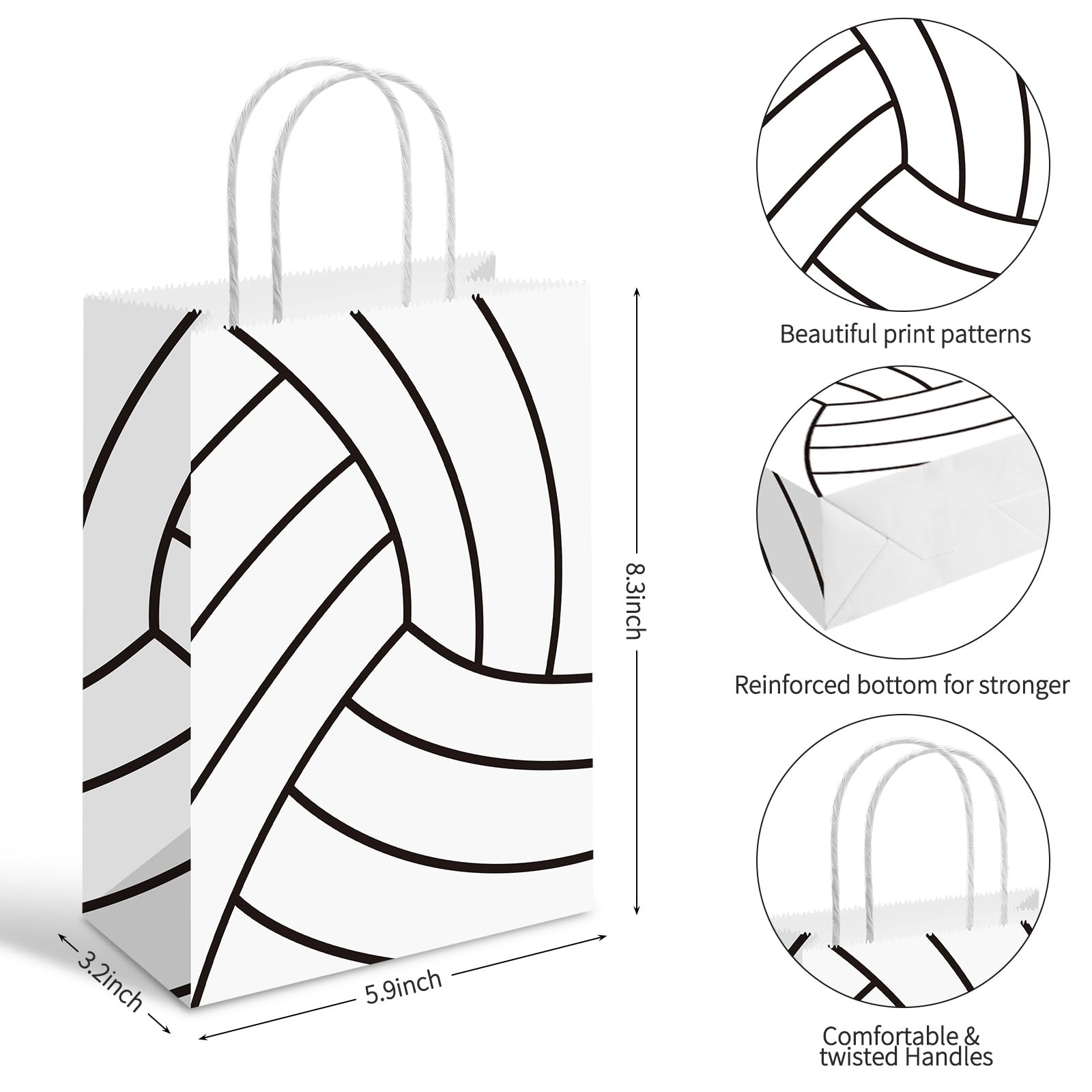 YE 12 PCS Volleyball Gift Bags for Team Volleyball Party Favor Snack Goody Treat Bag with Handle Volleyball Paper Bag Kraft Candy Bags for Sport Theme Birthday Party Decor