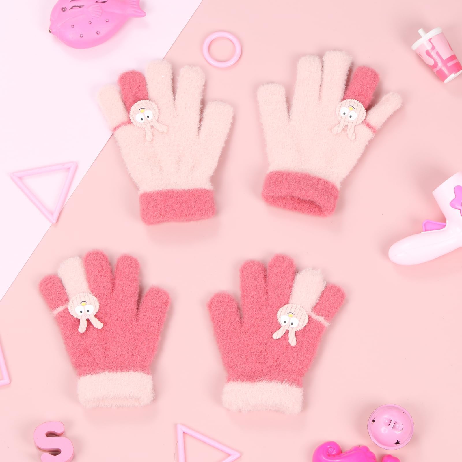 Becellen 2 Pares Lindos Guantes Niñas, Invierno Térmicos Guantes Elásticos Coloridos Mágicos Guantes Dedo Completo Cálido Guantes para Niños Uso Diario