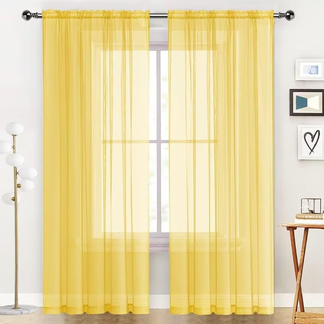 SpaceDresser Basic Rod Pocket Sheer Voile Window Curtain Panels Yellow 1 Pair 2 Panels 60 Width 63 Inch Long for Kitchen Bedroom Children Living Room Yard（Yellow, 60W x 63L）