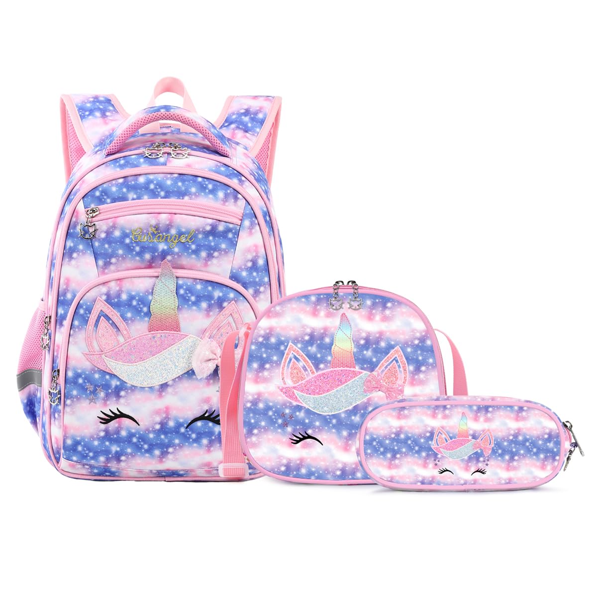 Cusangel Girls Backpack with Lunch Box Pencil Case,Cute Multi Compartment Preschool Elementary Primary Backpack for Girls Sky Unicorn 3pcs Backpack