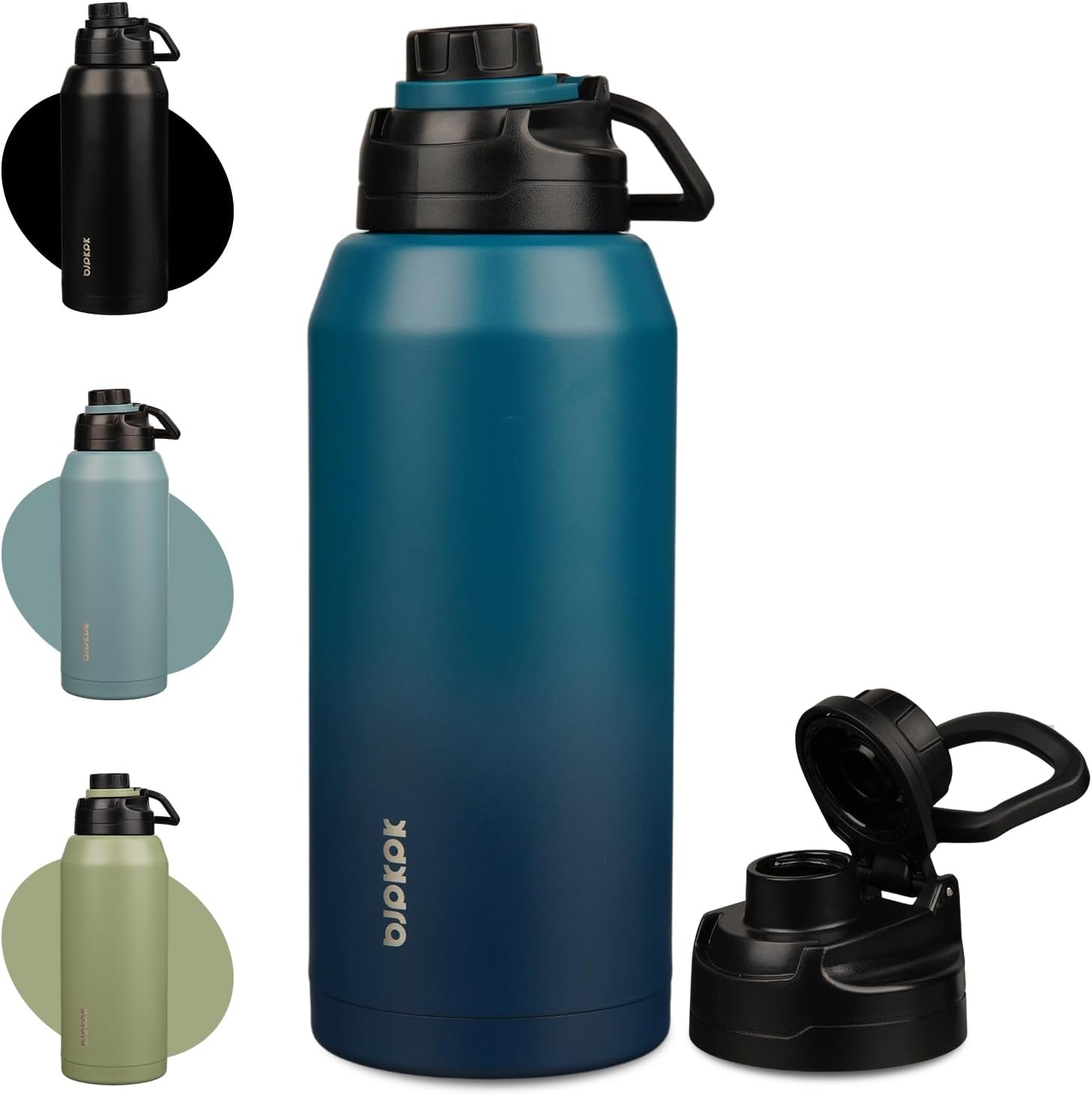 BJPKPK Half Gallon Water Bottle,64oz Insulated Bottles Wide Mouth,Stainless Steel Large Water Jug with Leakproof Spout Lid,Keep Drinks Cold and Hot,Sea