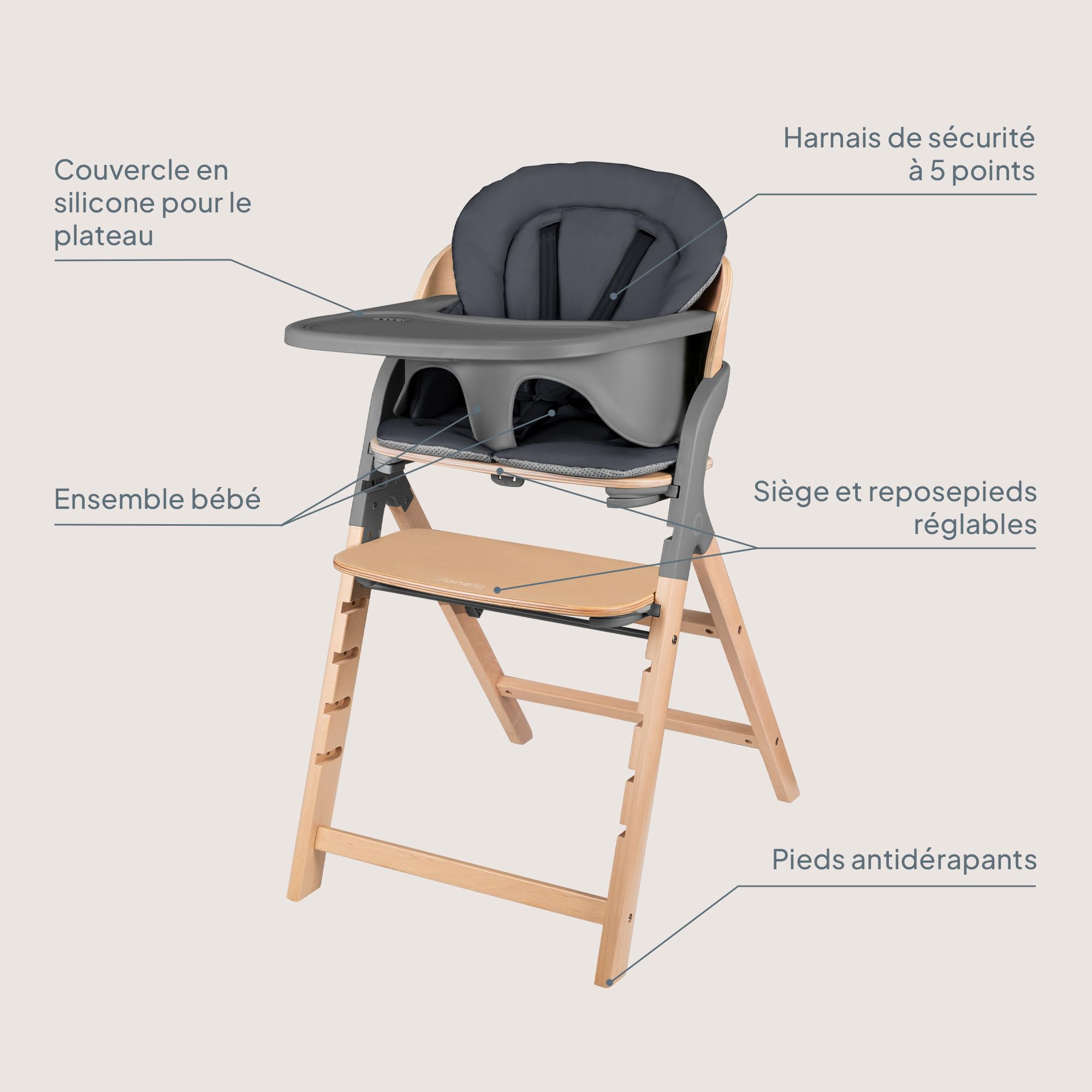 LIONELO Chaise Haute en Bois Megan, Évolutive de 6 mois à 110 kg, Repose-pieds Réglable, Ceintures 5 Points, Coussin d'Assise, Nettoyage Facile (Grey)